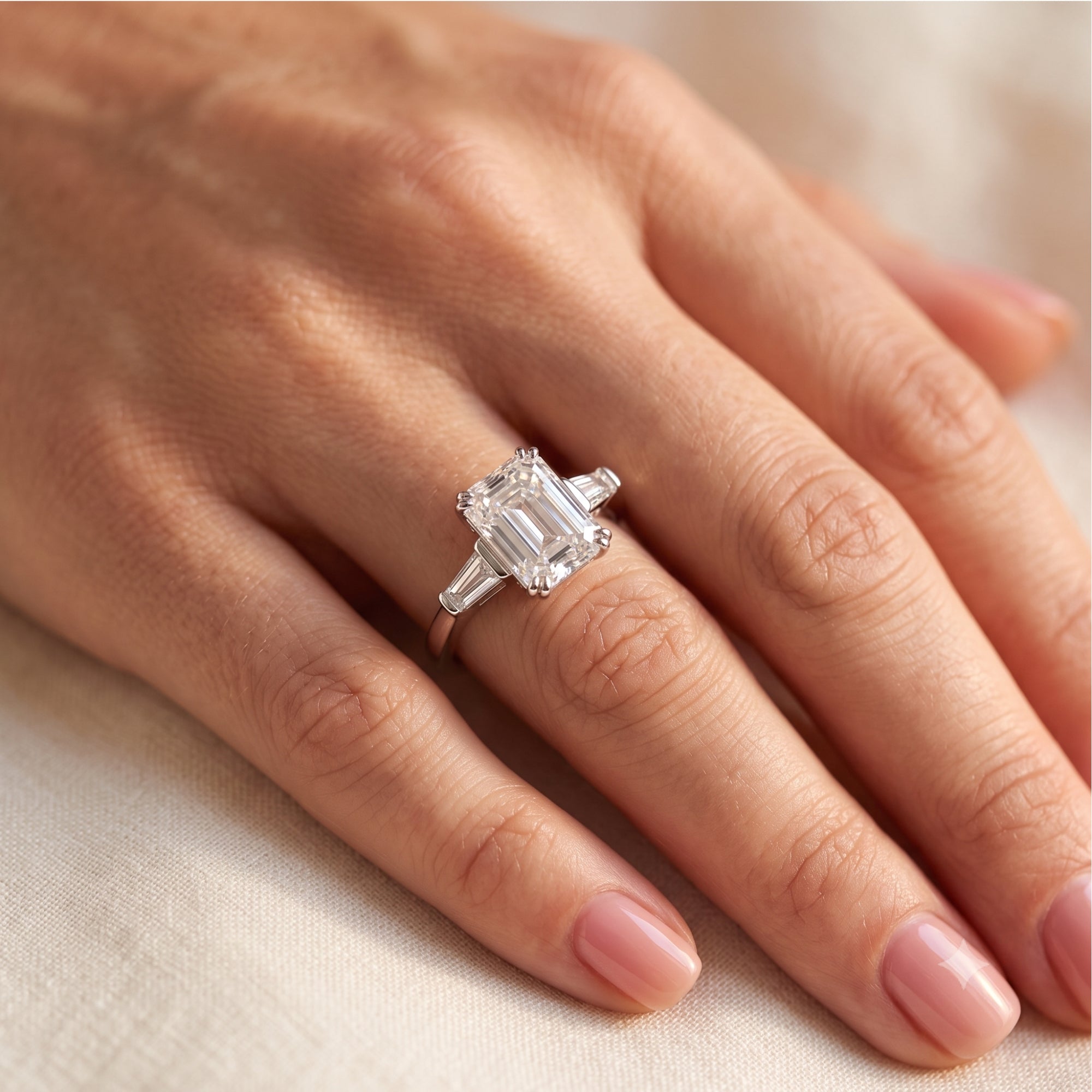 Emerald cut sterling silver cubic zirconia ring worn on a woman's finger.