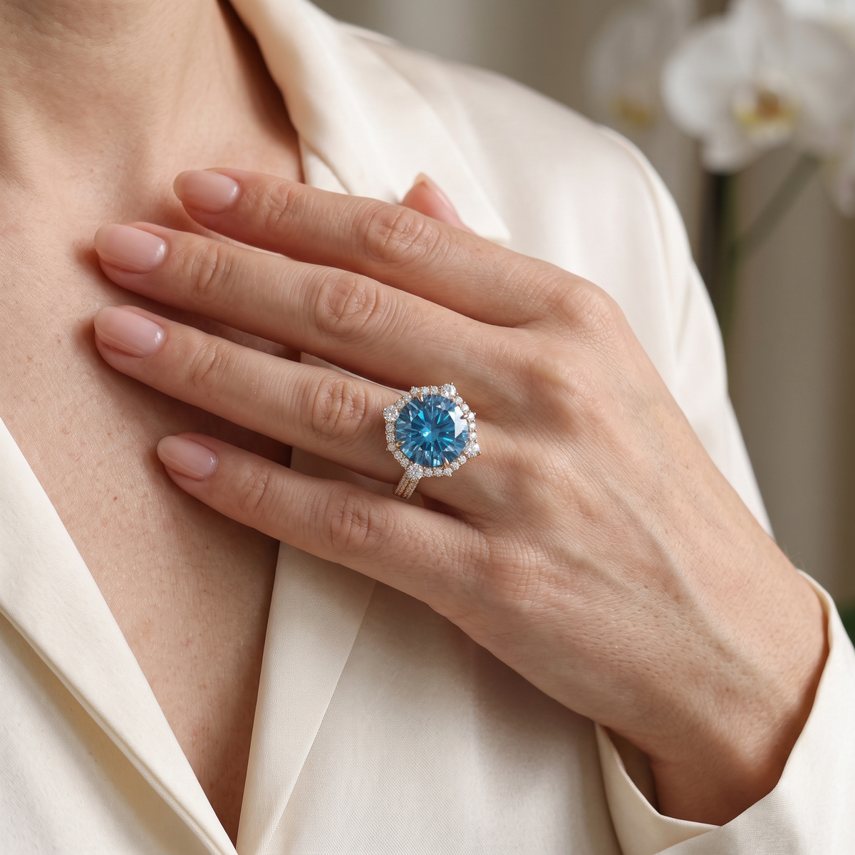 Round blue moissanite halo ring in rose gold worn on hand.