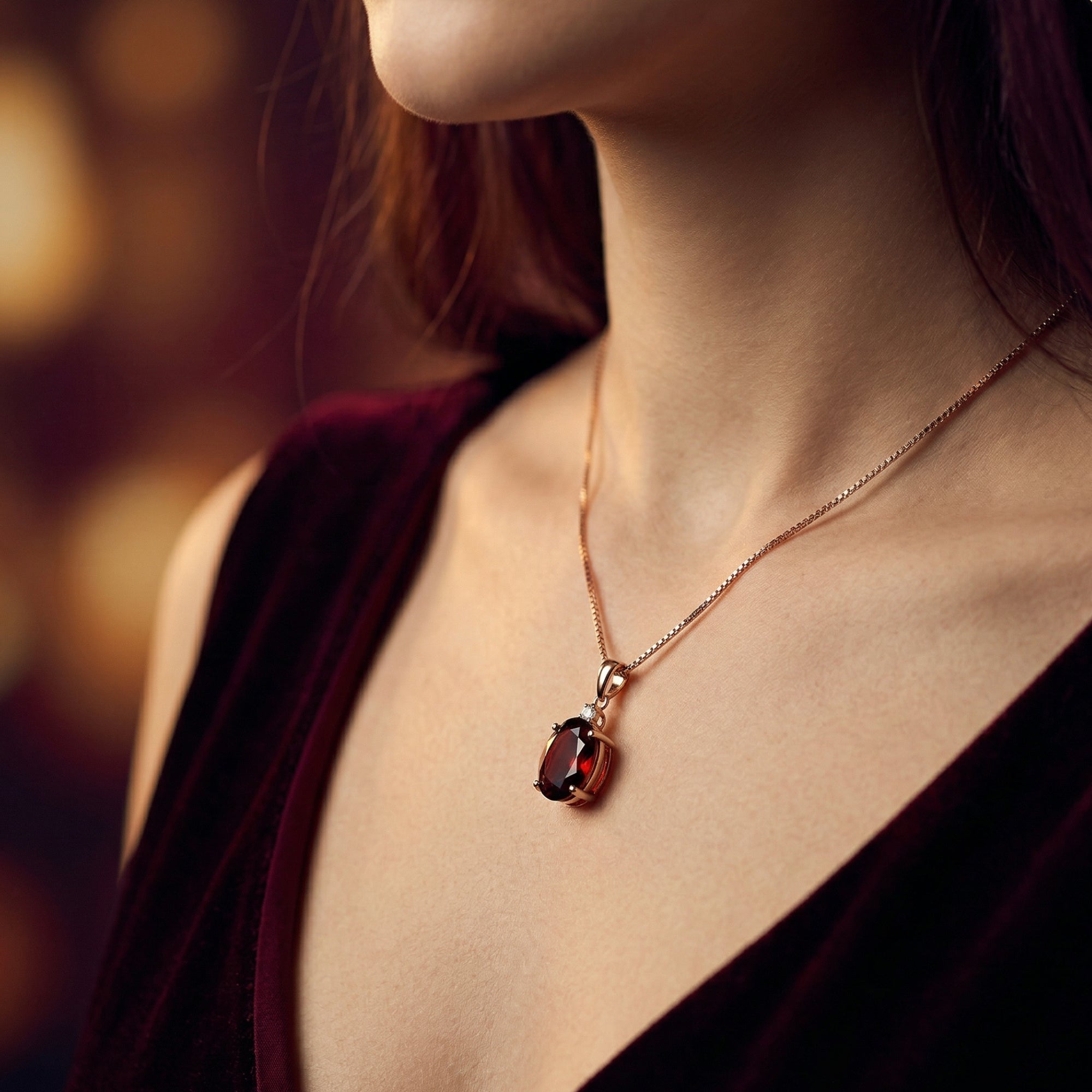 Model wearing the 18K rose gold Katerina necklace featuring a 6ct oval natural garnet against a velvet dress.