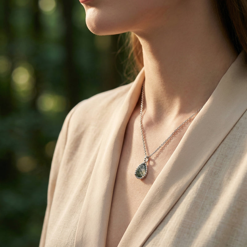 Model wearing the teardrop moss agate basket weave necklace in sterling silver against a soft outdoor background.