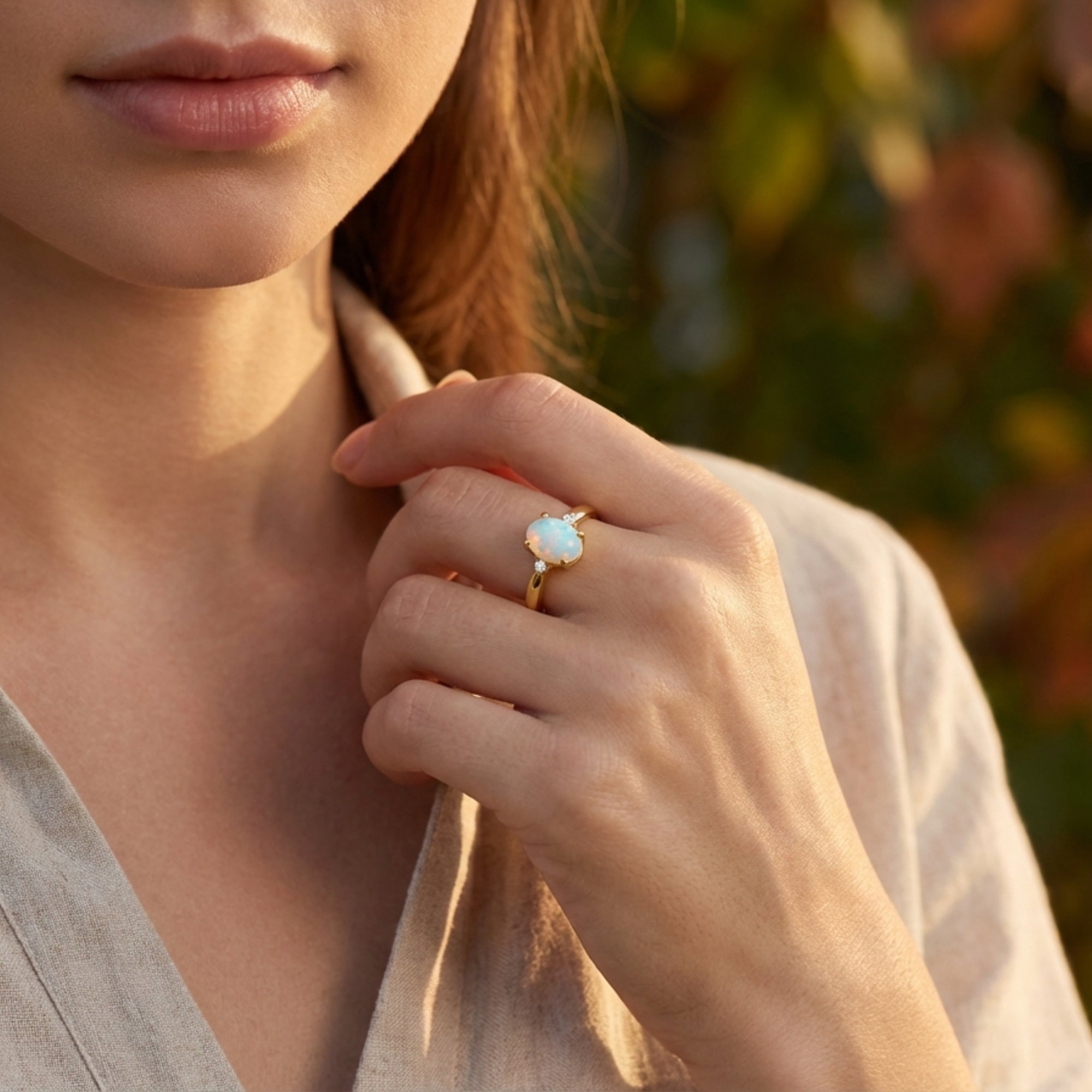 Model wearing the gold-tone natural oval opal ring on her finger, showcasing its size and play-of-color.