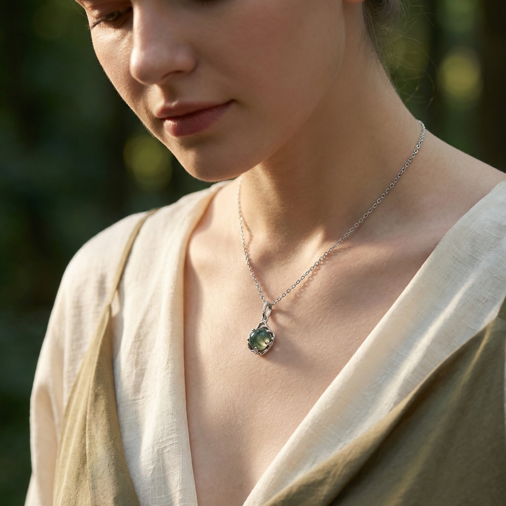 Model wearing the round moss agate celtic knot necklace in sterling silver against a soft outdoor background.