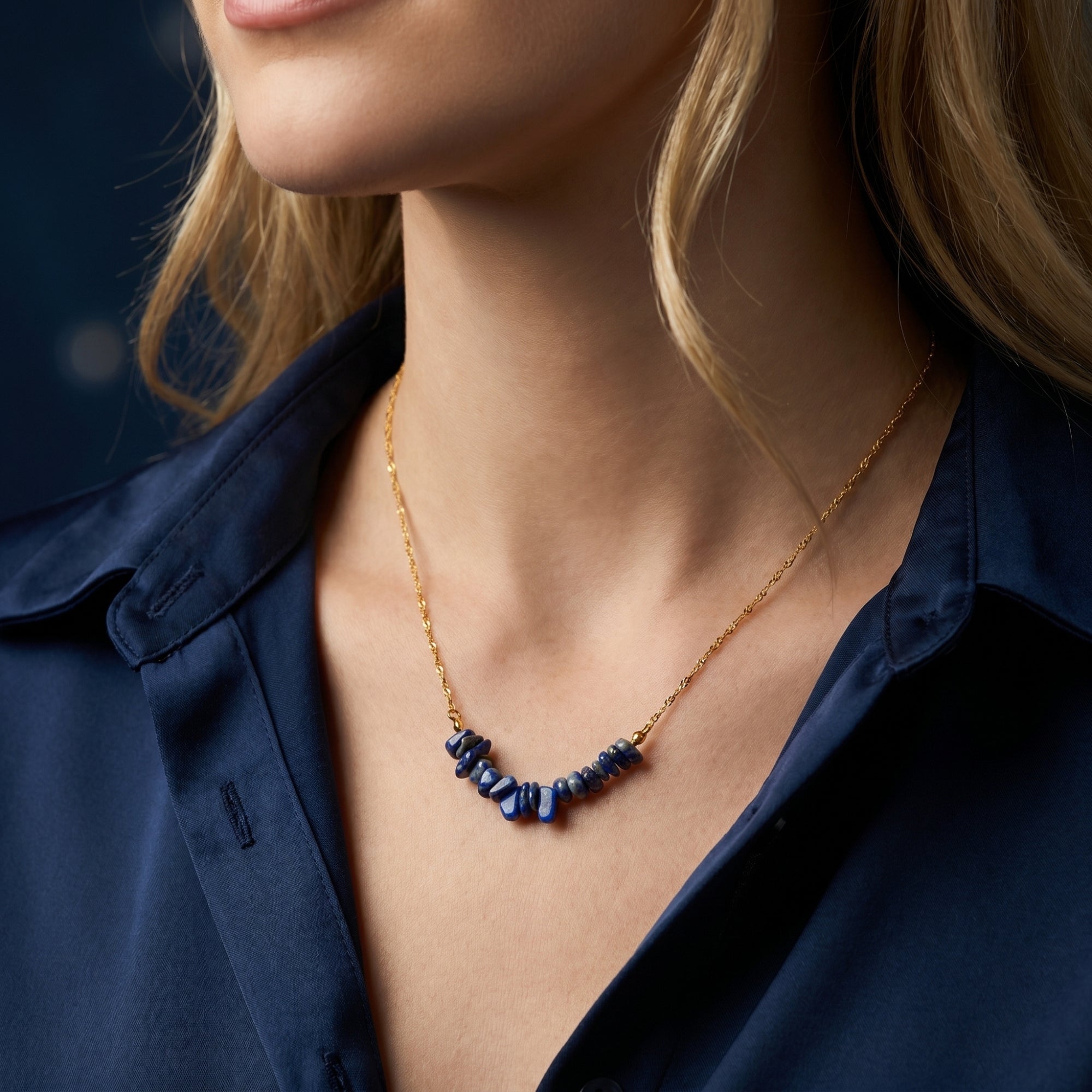 Model wearing the natural lapis lazuli chip bar necklace on an 18K gold plated chain.