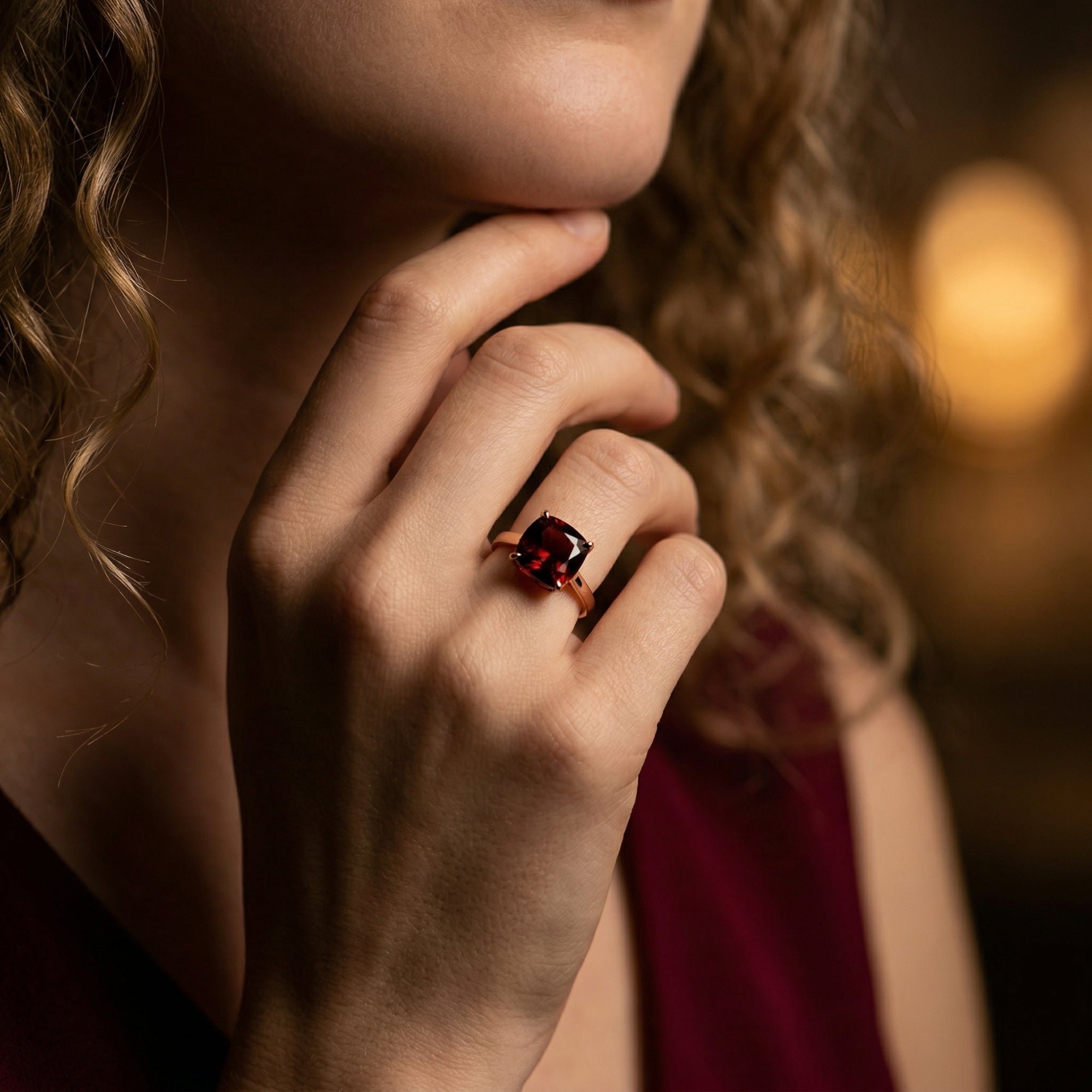 The Ignatia 18K rose gold ring with a 4.5CT cushion cut garnet worn on a woman's hand.