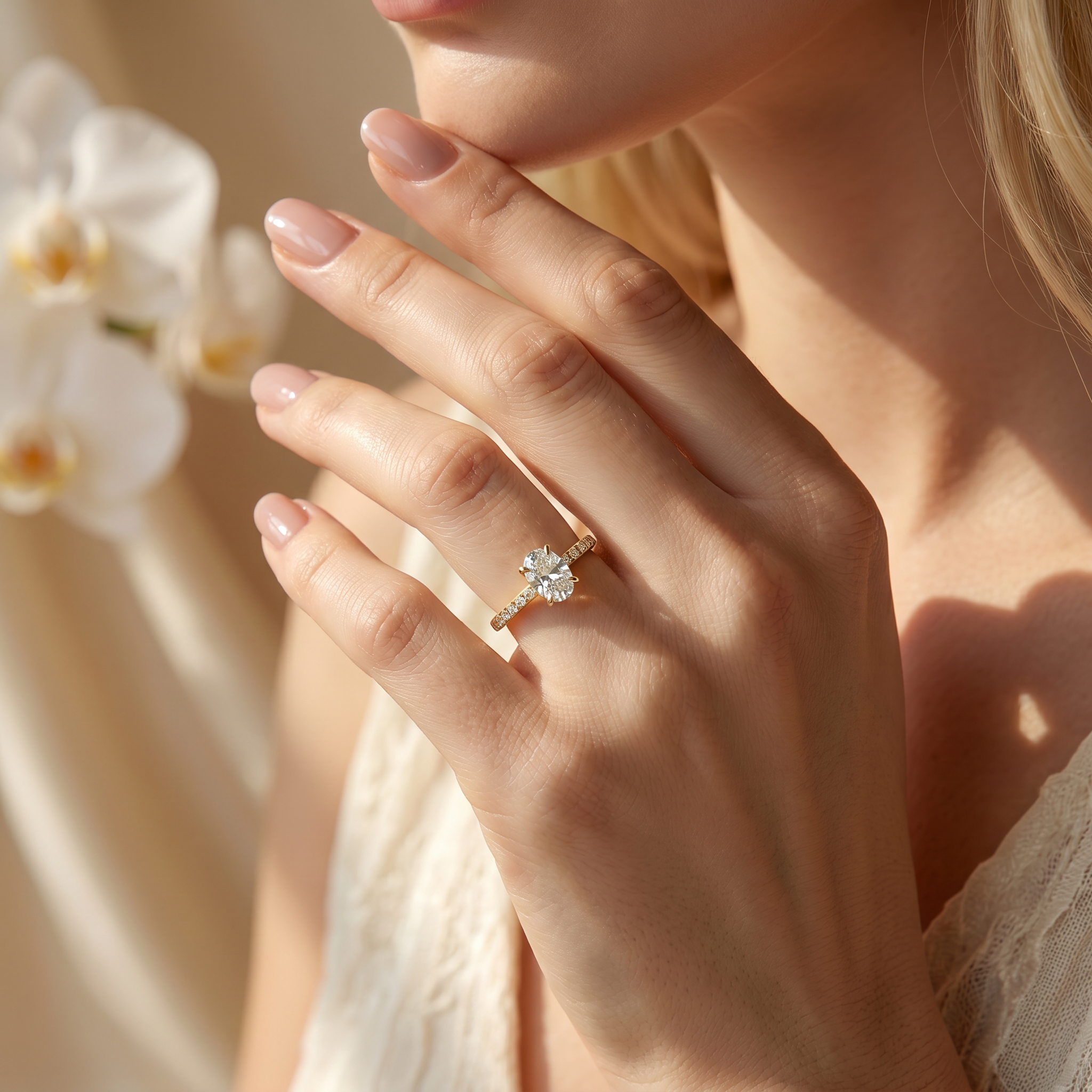 A close-up of a model's hand showcasing a gold oval-cut moissanite engagement ring on her finger.