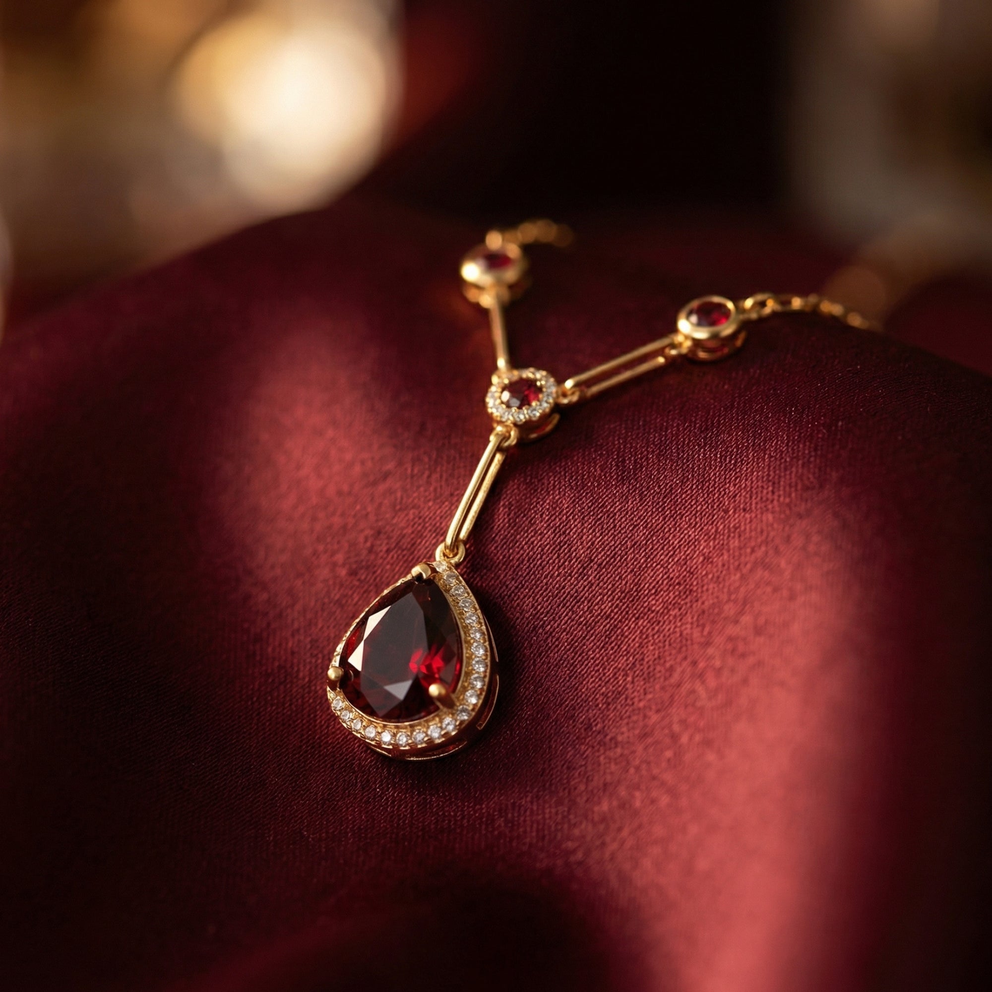 Close-up of a 1.5CT pear cut natural garnet pendant in an 18K yellow gold halo setting.