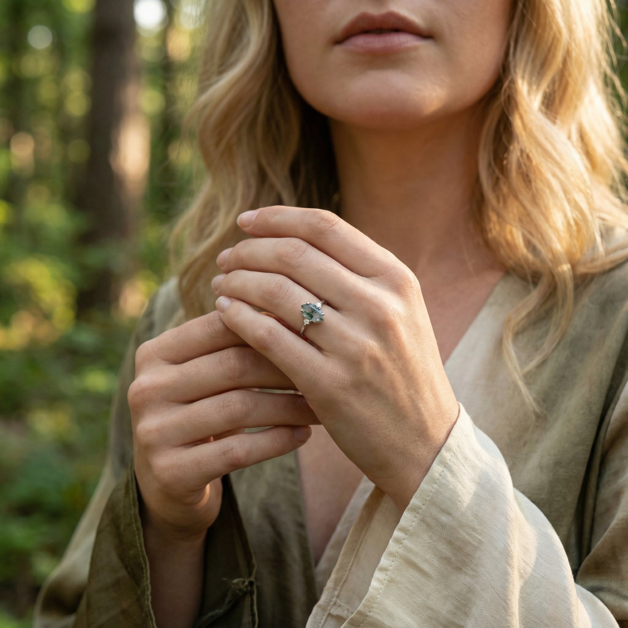 Edelstein-Trio Elegance Ring aus natürlichem Moosachat – S925 Sterling Silber