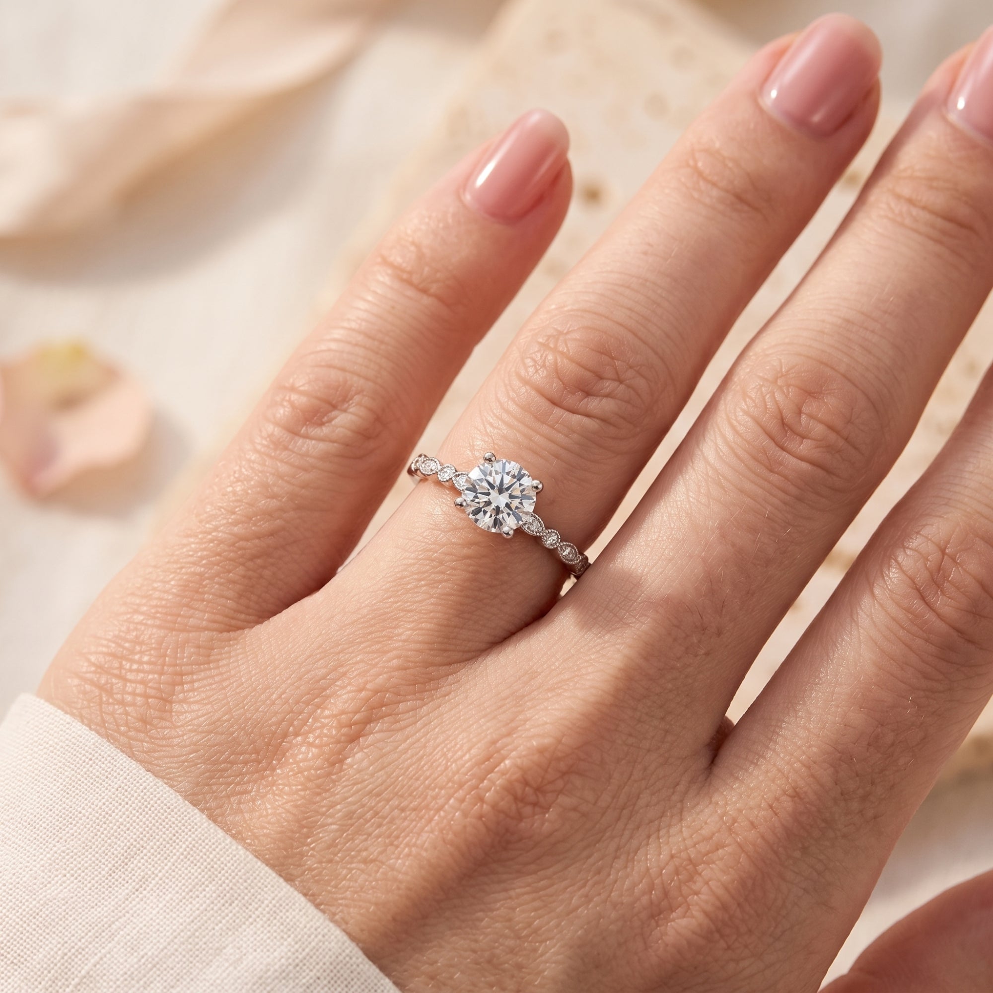 Sterling silver promise ring with round cubic zirconia center stone worn on a woman's hand.