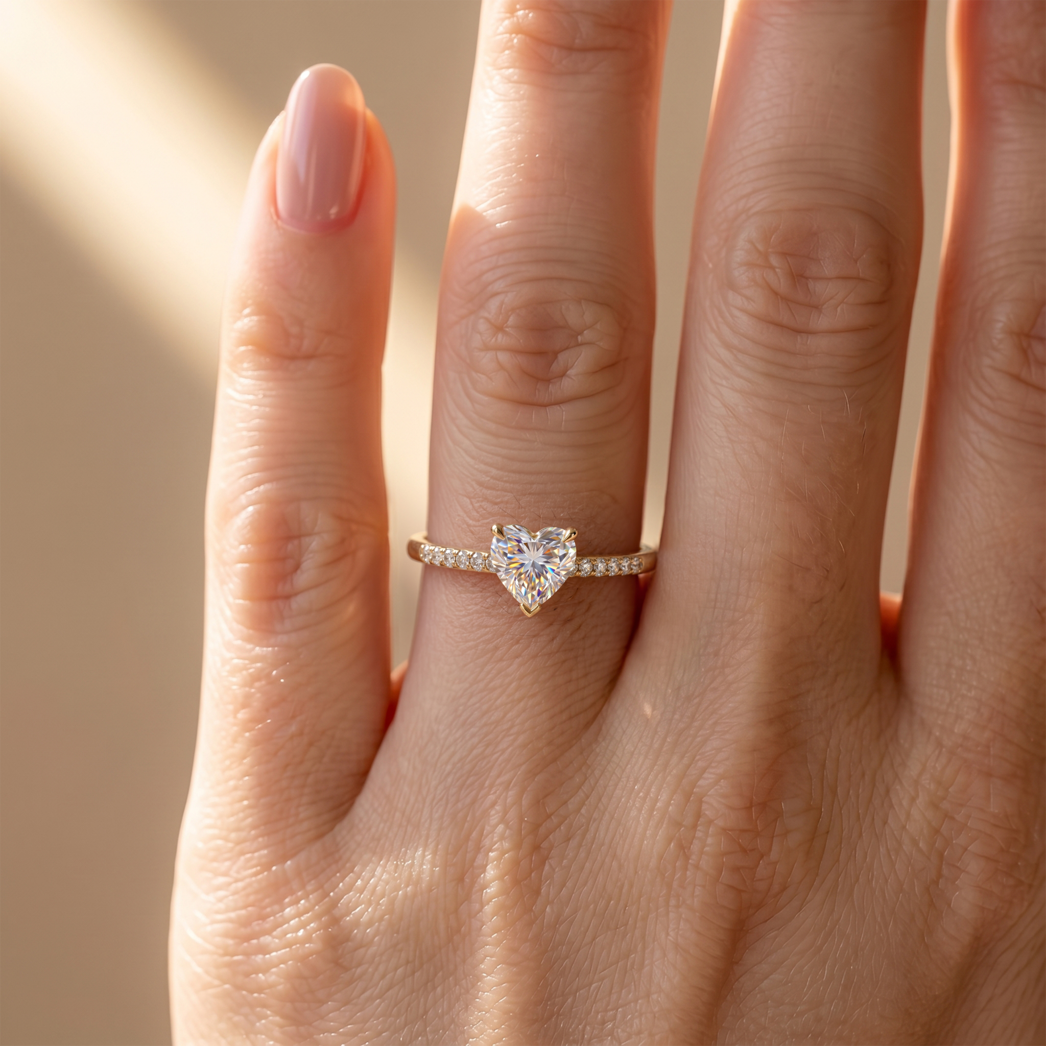 A delicate yellow gold engagement ring featuring a brilliant heart-shaped moissanite center stone worn on a finger.
