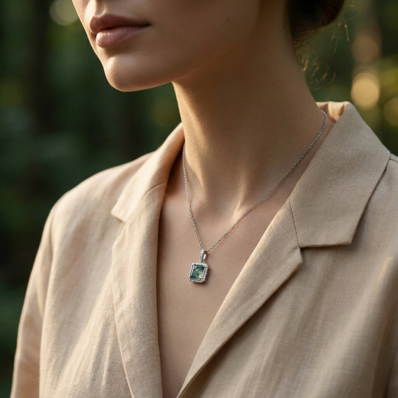Model wearing a square cut natural moss agate halo pendant necklace in S925 sterling silver.