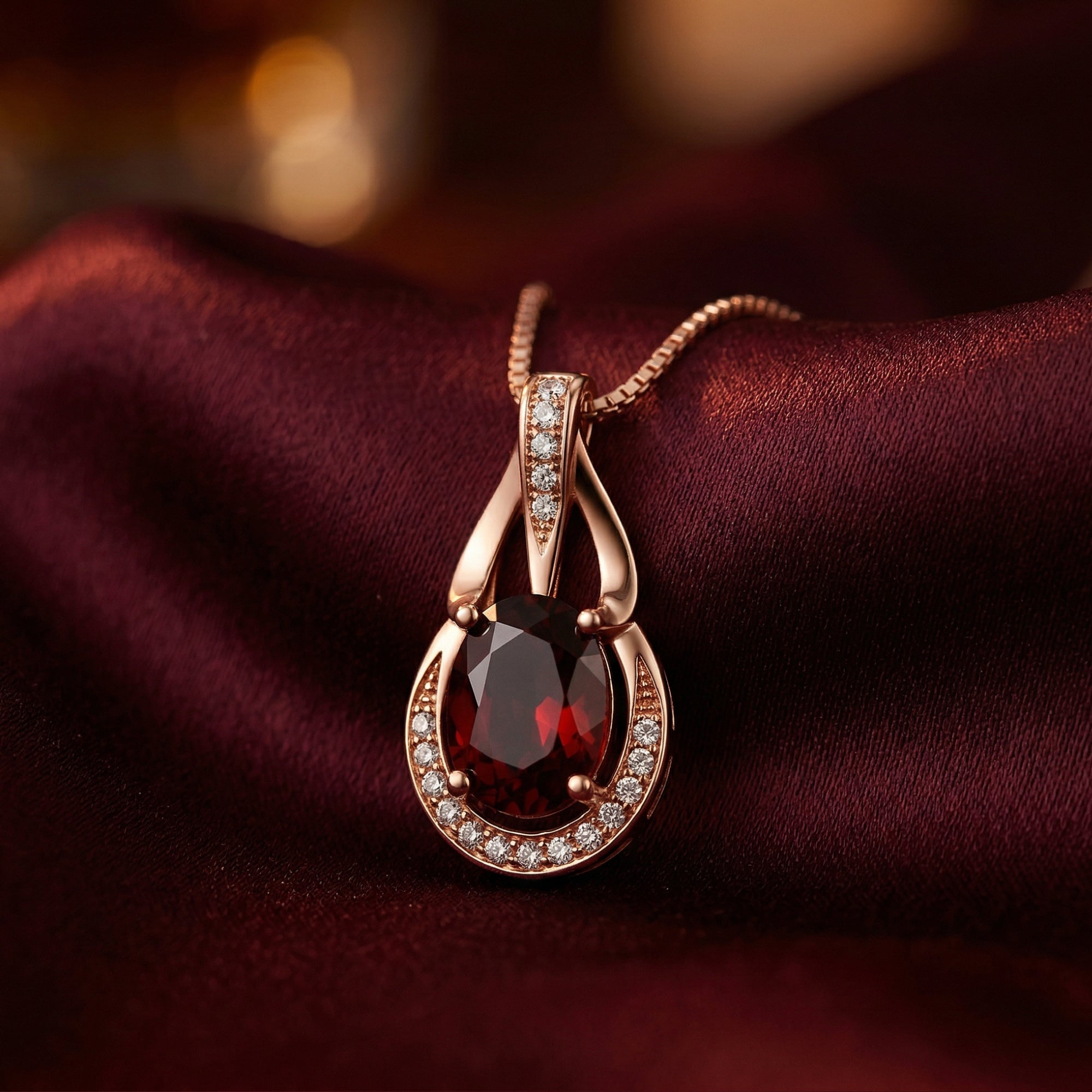 Close-up of an oval cut garnet pendant with a diamond halo in 18K rose gold on red silk.