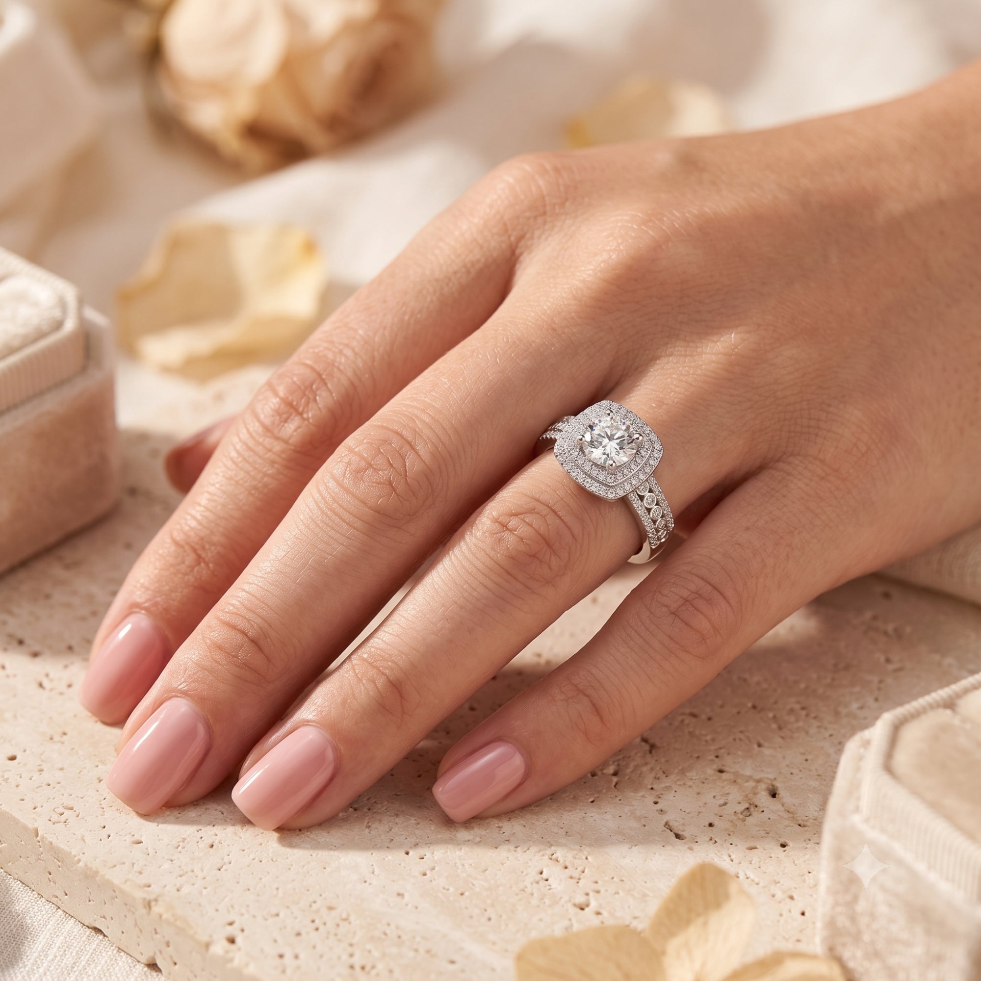 Silver cushion double halo promise ring with round brilliant center stone worn on a woman's hand.