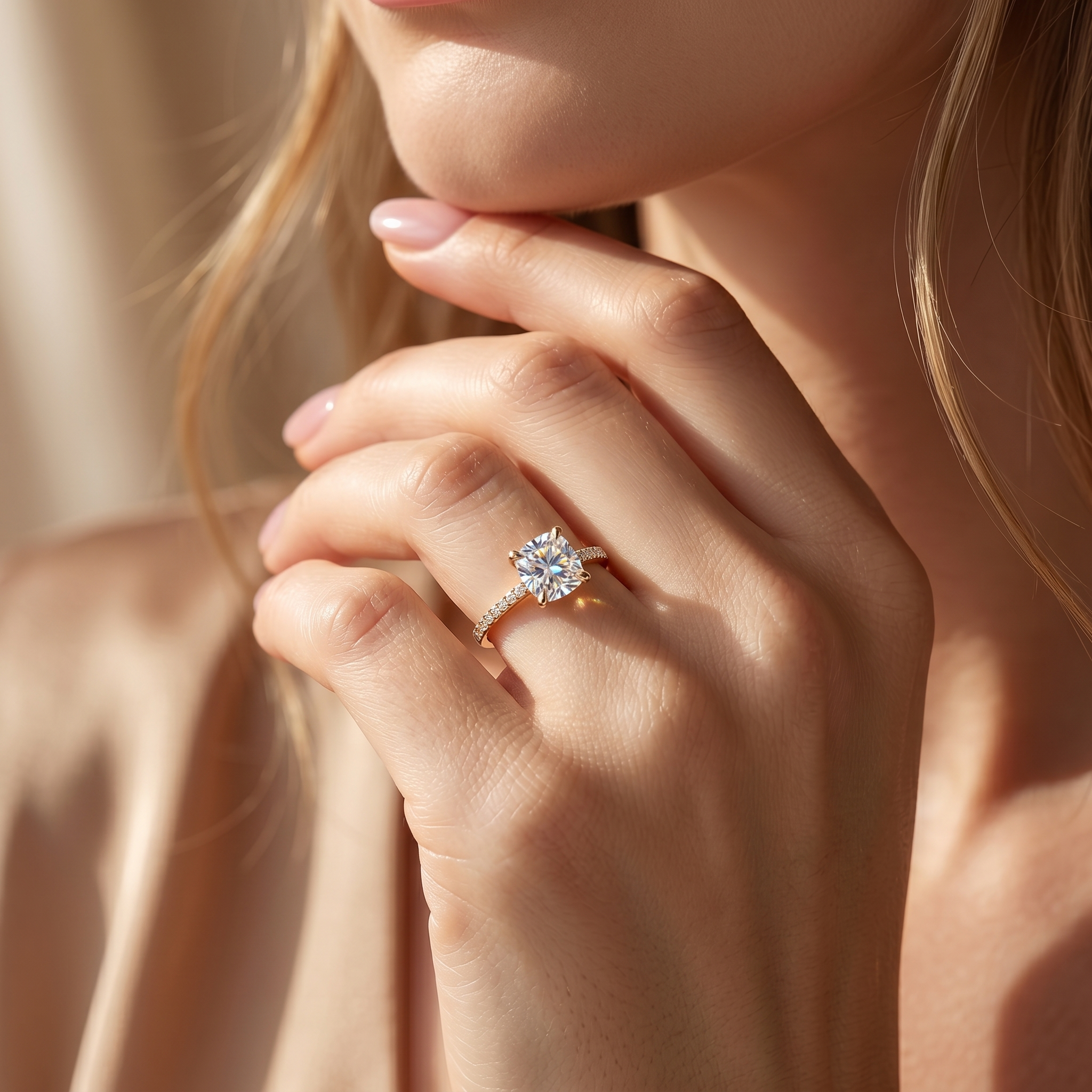 A close-up of a woman's hand showcasing a cushion cut yellow gold moissanite ring.