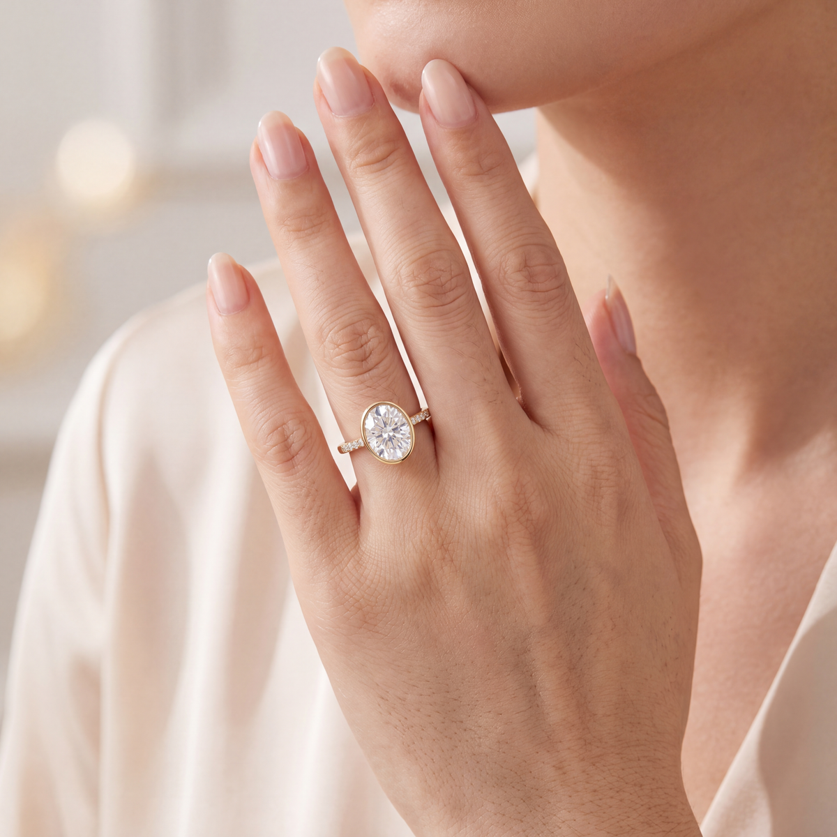 Close-up of a model wearing the yellow gold oval moissanite bezel ring on her hand.