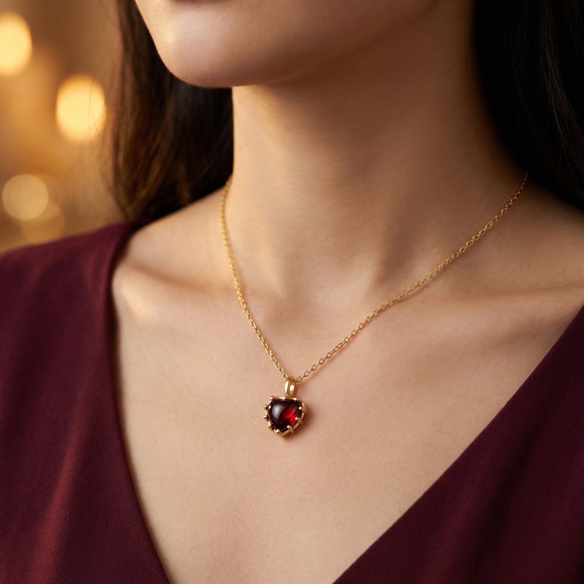Model wearing the Altheia heart-cut red garnet necklace in yellow gold against a dark red V-neck top.