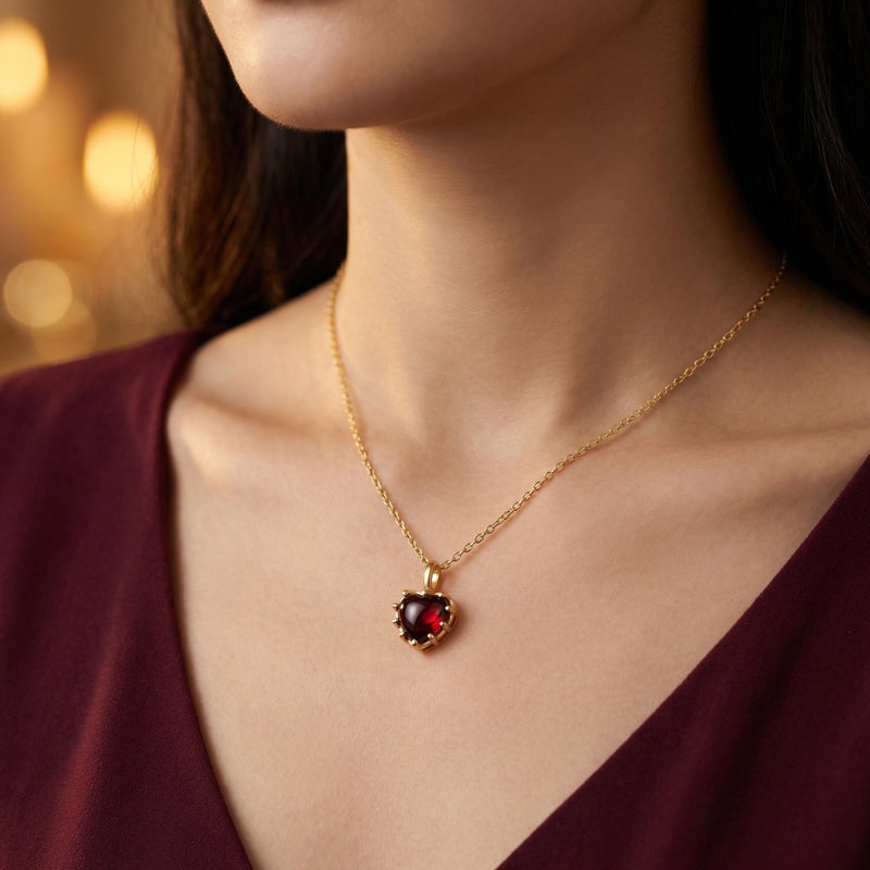 Model wearing the Altheia heart-cut red garnet necklace in yellow gold against a dark red V-neck top.