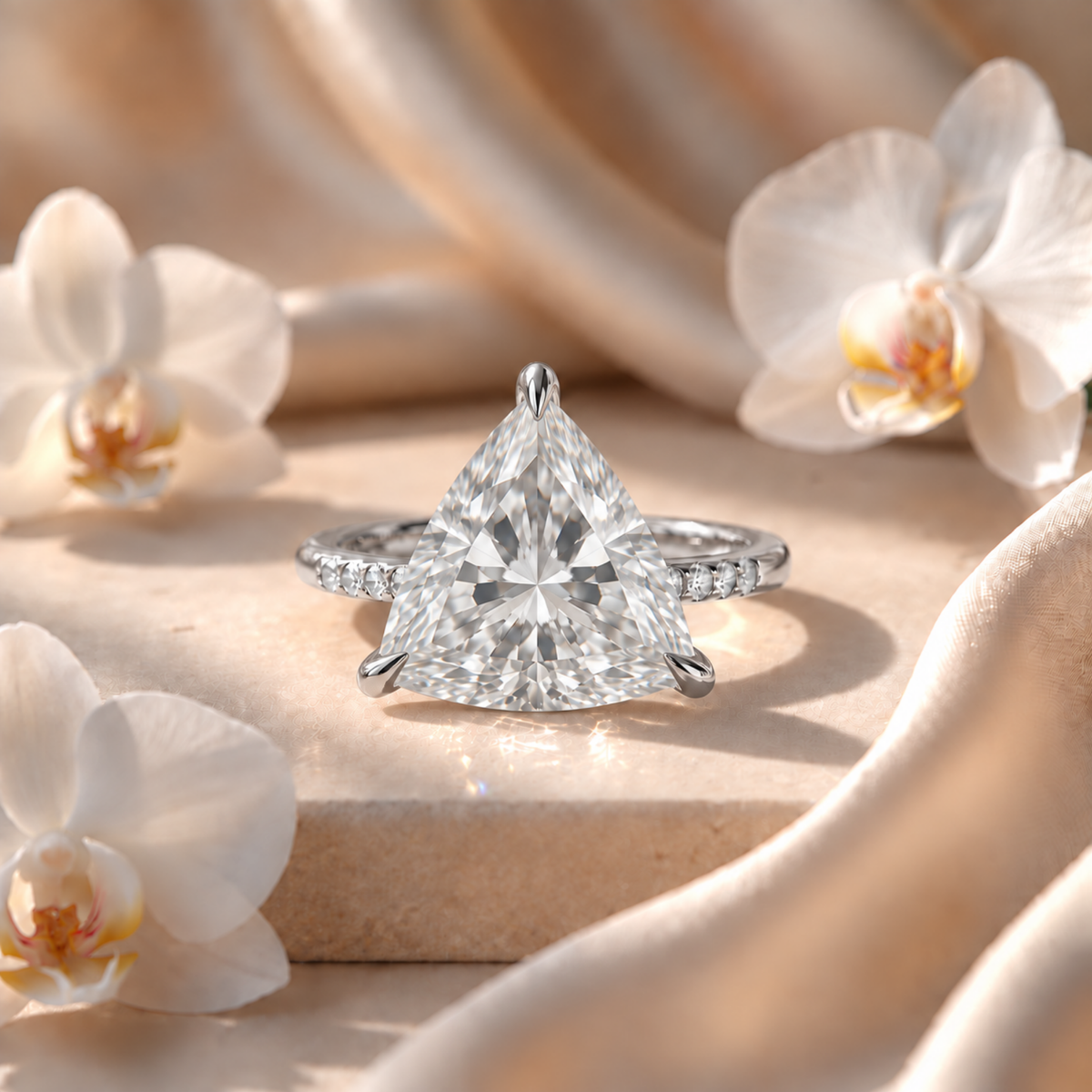 White gold engagement ring featuring a trillion-cut moissanite center stone with a pavé band.