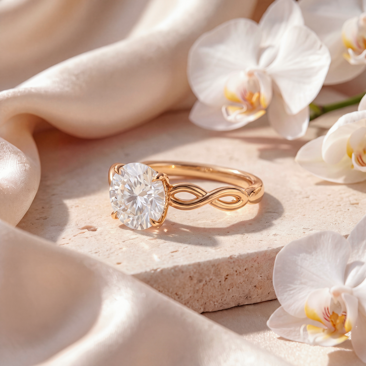 Angled profile view of a round solitaire moissanite engagement ring with a twisted band in yellow gold.