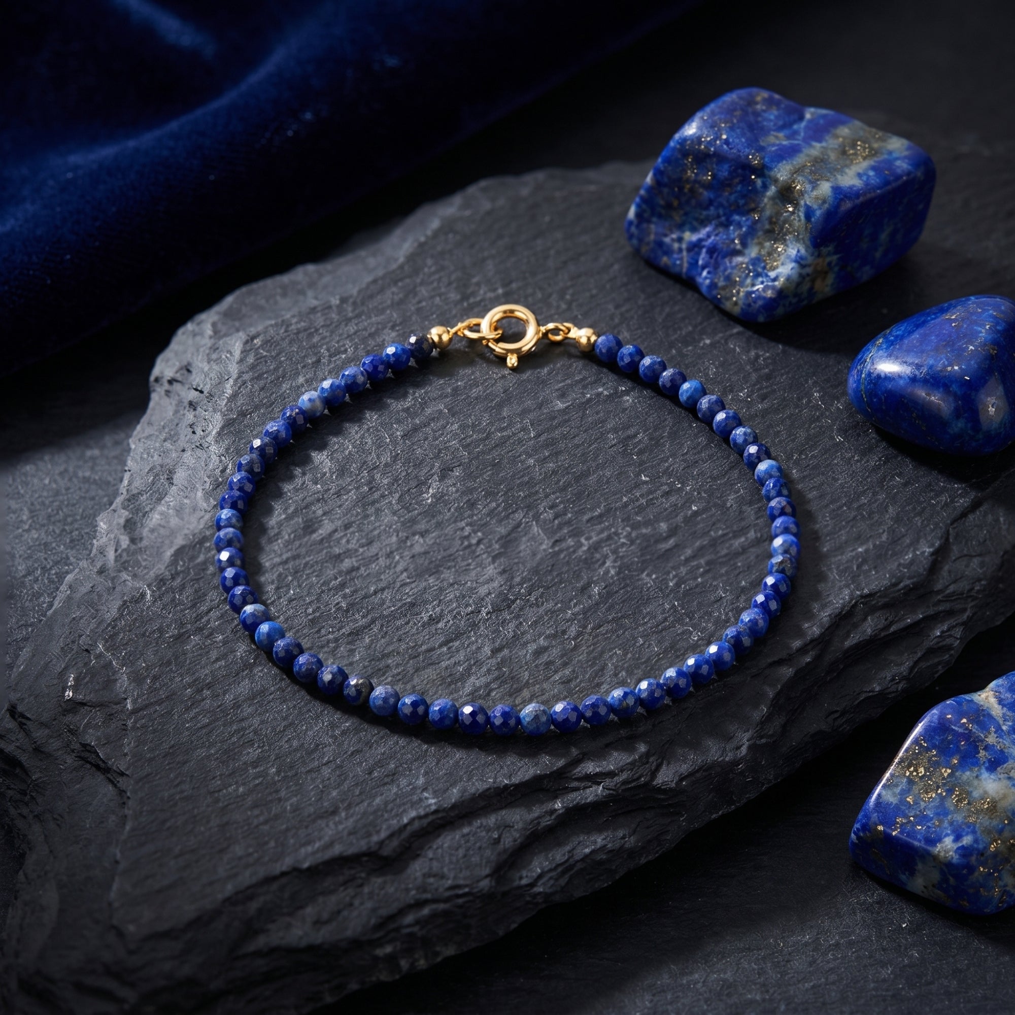 Faceted lapis lazuli bead bracelet with gold clasp displayed on a dark textured stone with blue velvet.