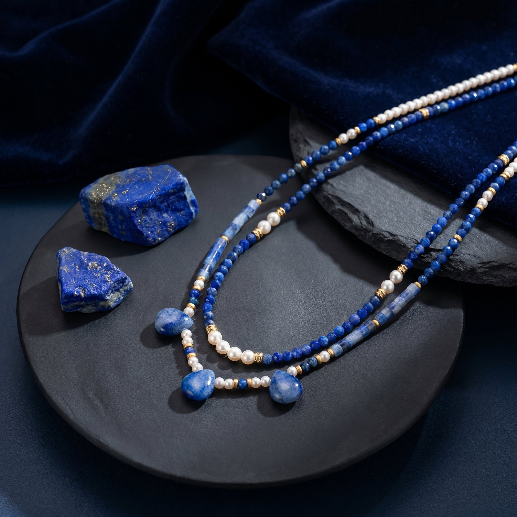 Layered lapis and pearl necklace set with gold accents displayed on a black plate with raw gemstones.