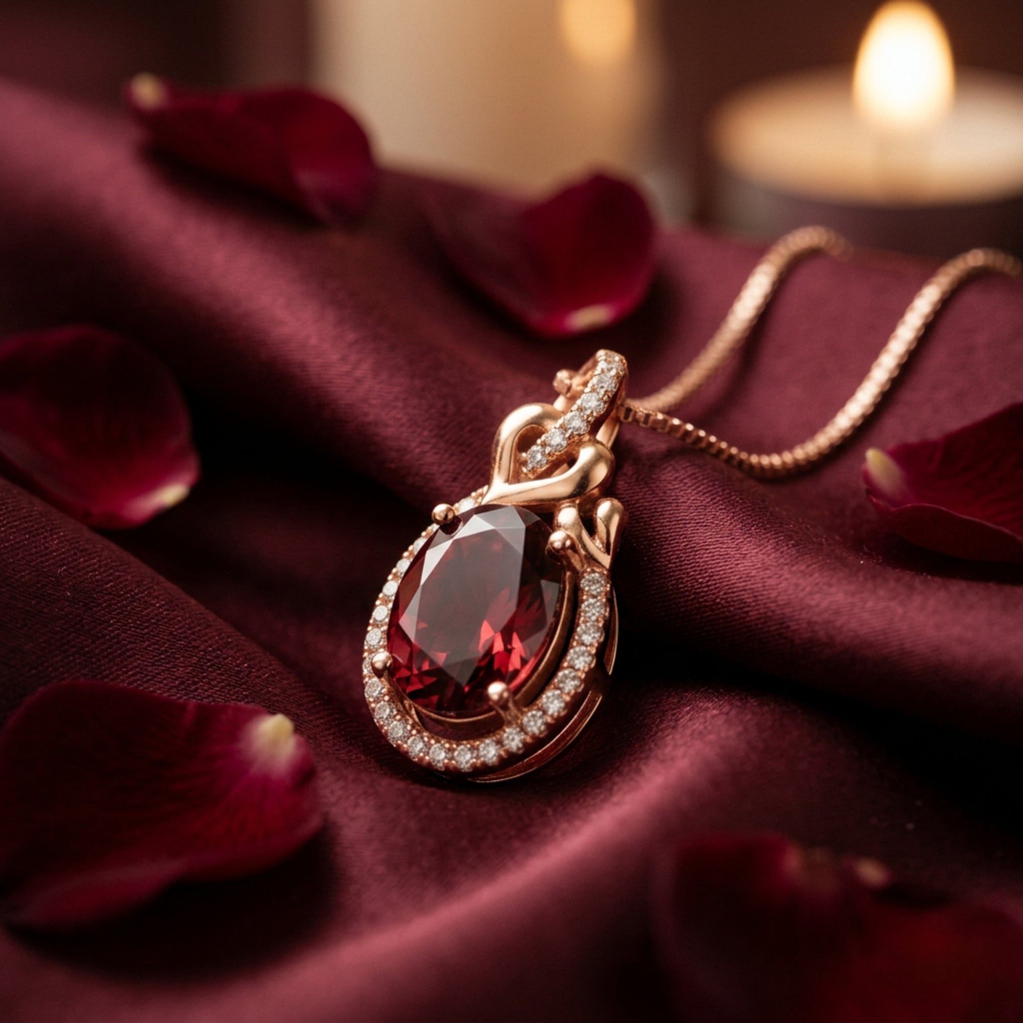 Macro shot of the oval garnet pendant in 18K rose gold, showing the diamond halo and heart-shaped bail.