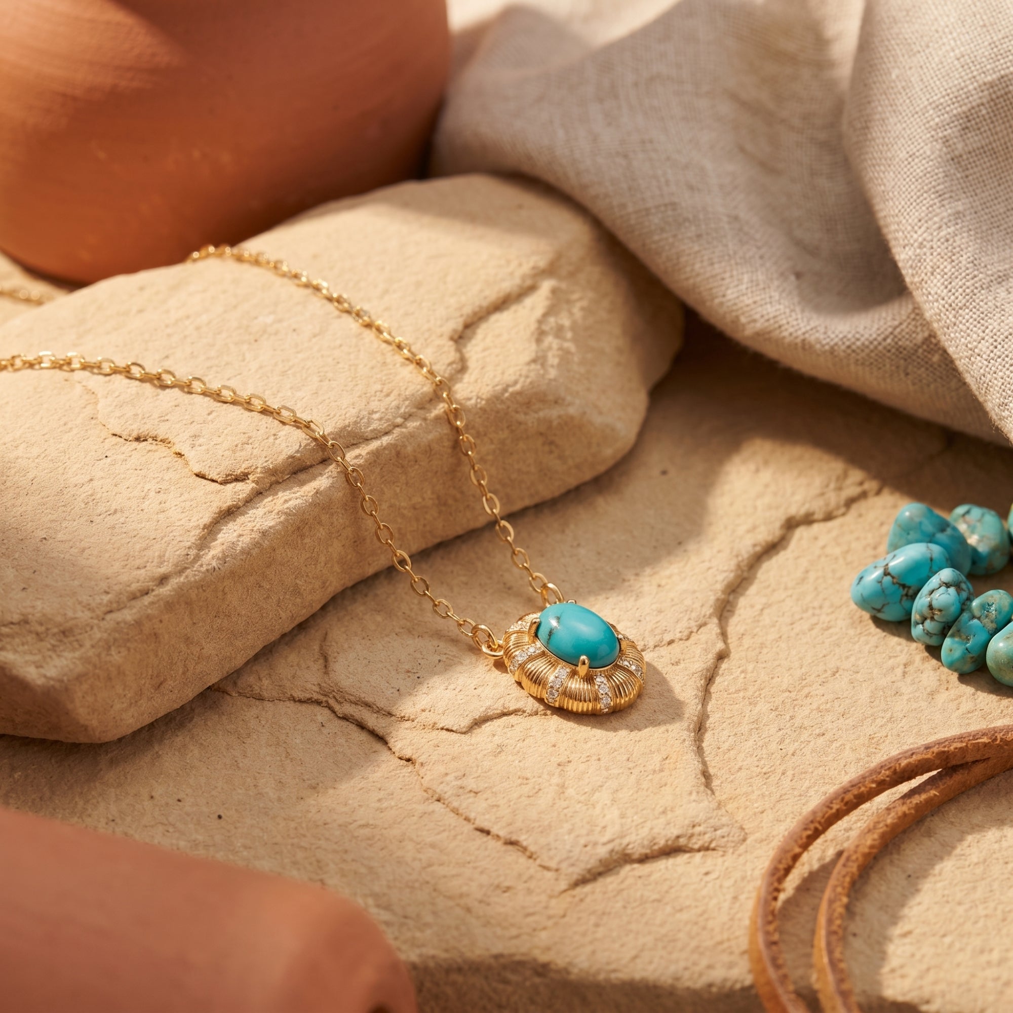 Gold-toned Arizona turquoise necklace with an oval cabochon and starburst bezel resting on a textured desert stone.