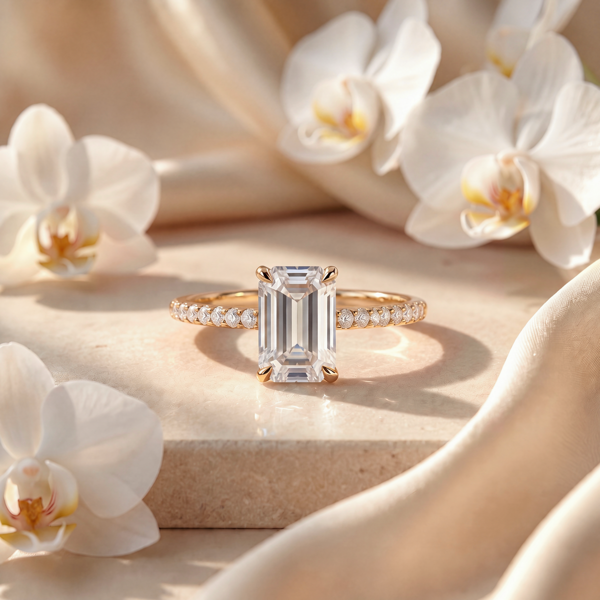 Front view of a yellow gold emerald cut moissanite engagement ring on a beige surface.