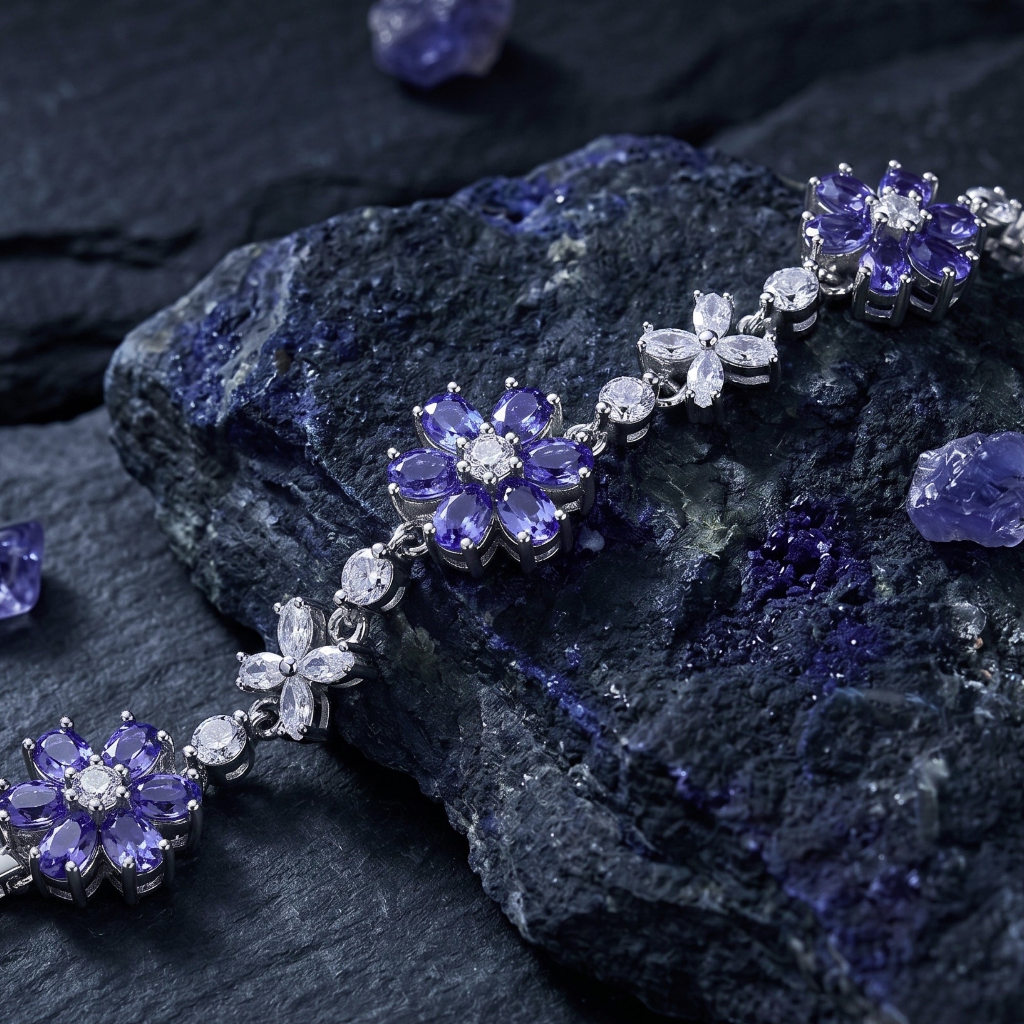 Close-up of pear-cut tanzanite and marquise white stones in a sterling silver cluster bracelet setting.