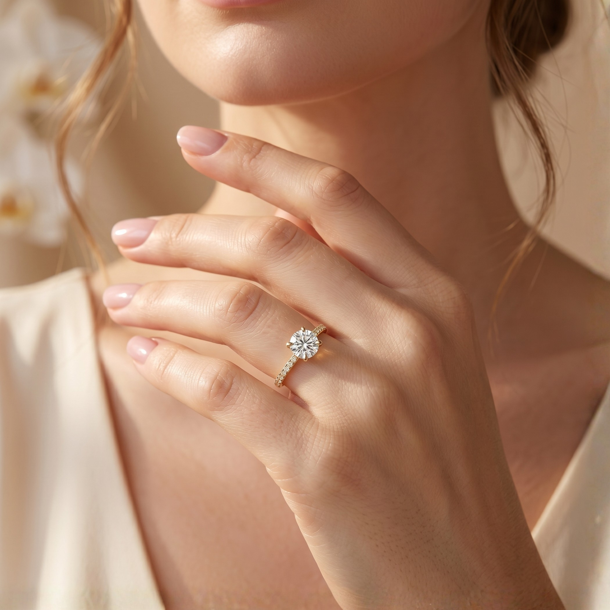 Close-up of a model wearing a yellow gold round-cut moissanite ring with a sparkling pavé band.