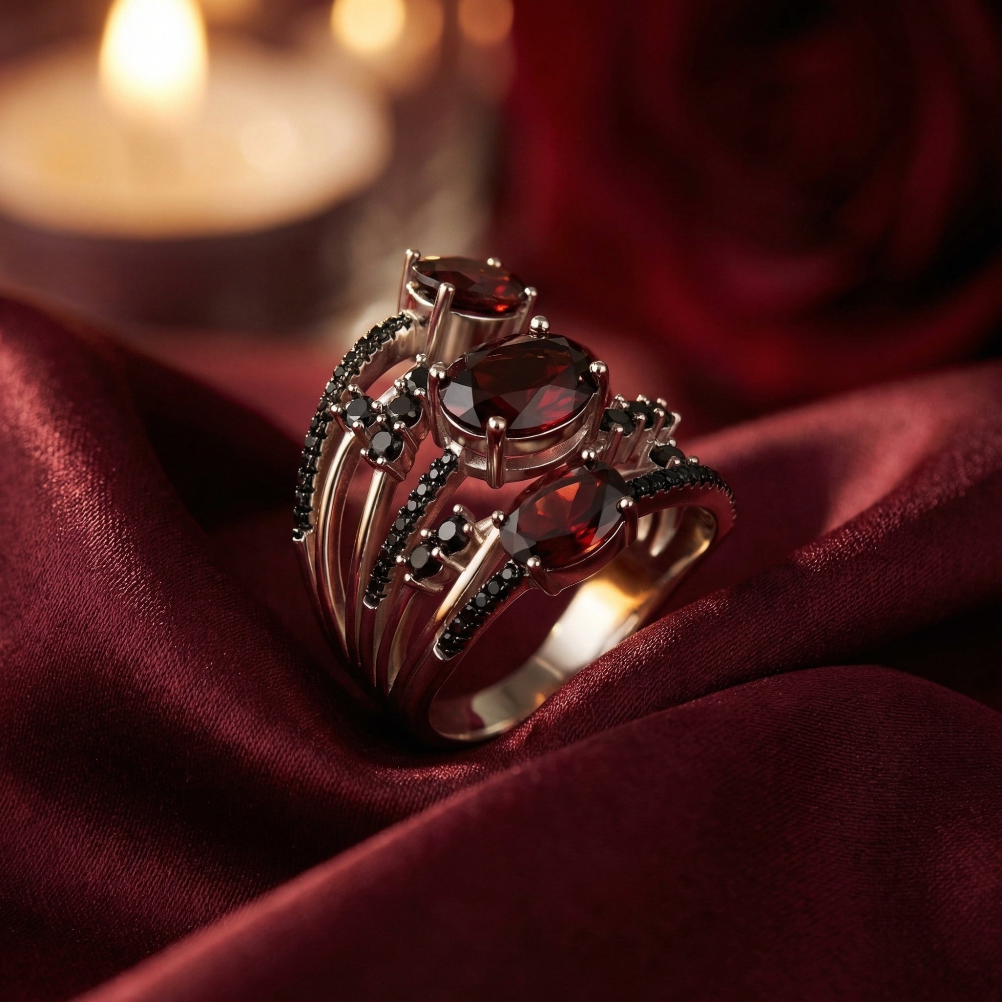 Close-up of the Odelia Trinity silver ring showing three oval-cut red garnets and intricate black stone accents.