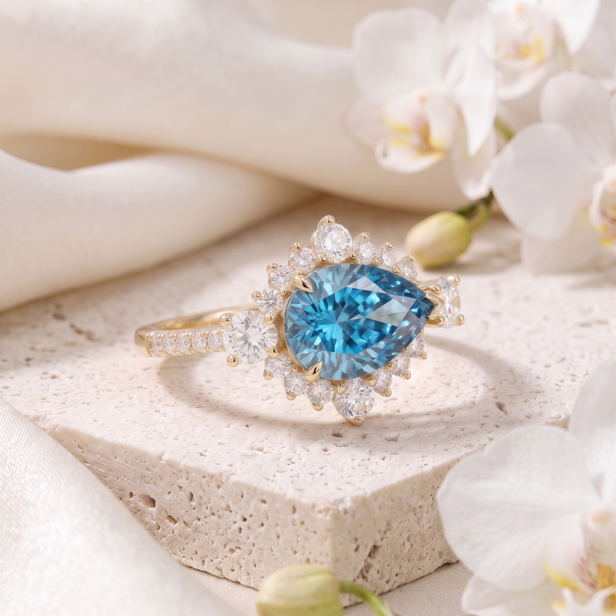 Angled view of a pear cut blue moissanite halo ring in yellow gold on a textured stone.