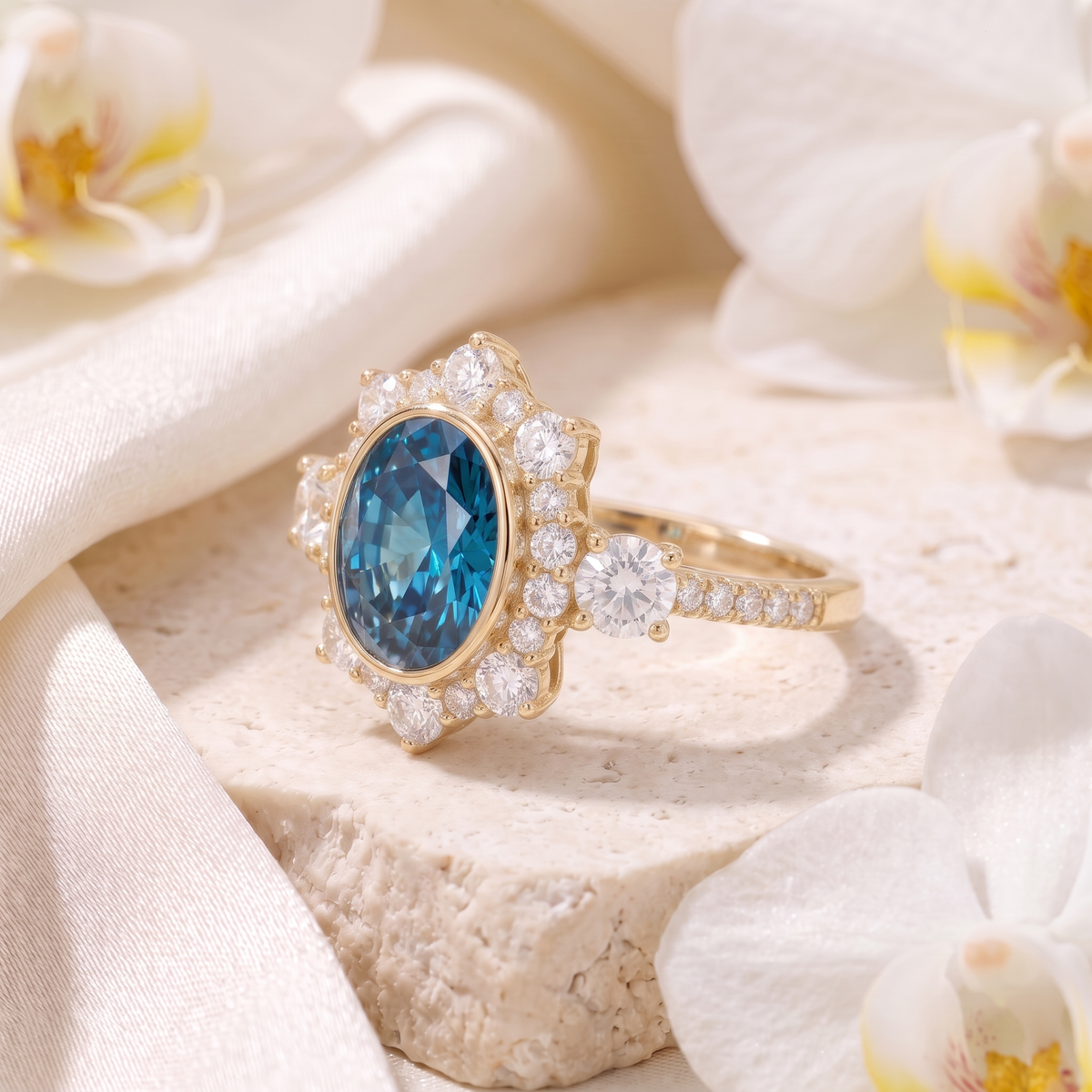 Angled side profile of the yellow gold oval blue moissanite halo ring resting on a textured stone block.