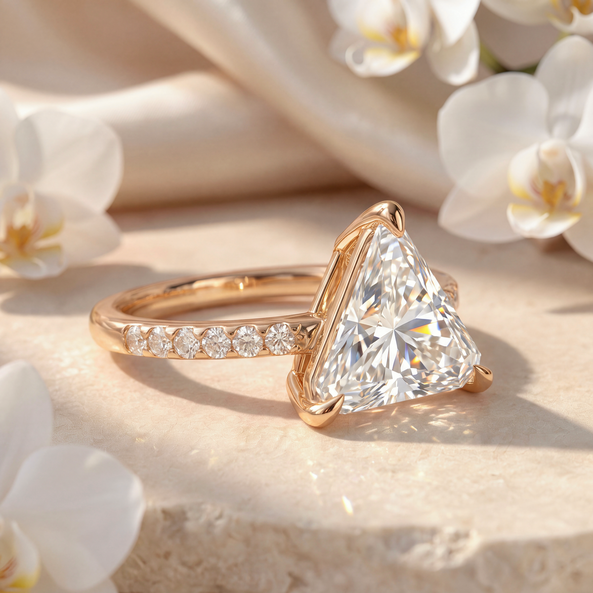 Side angle product view of a yellow gold trillion cut moissanite ring showcasing the setting.