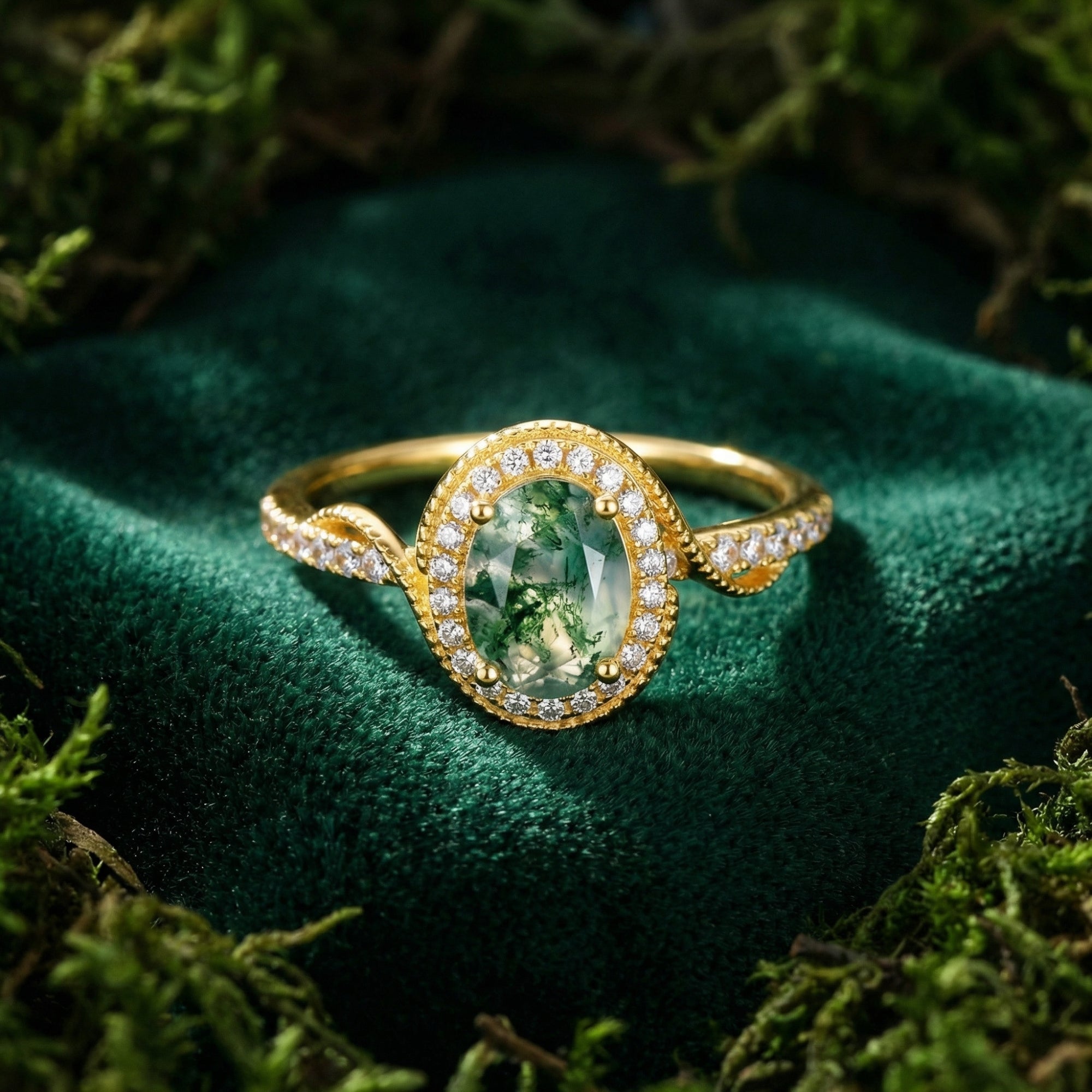 Macro view of a halo oval cut moss agate ring in gold-plated silver, showing the stone's unique patterns.