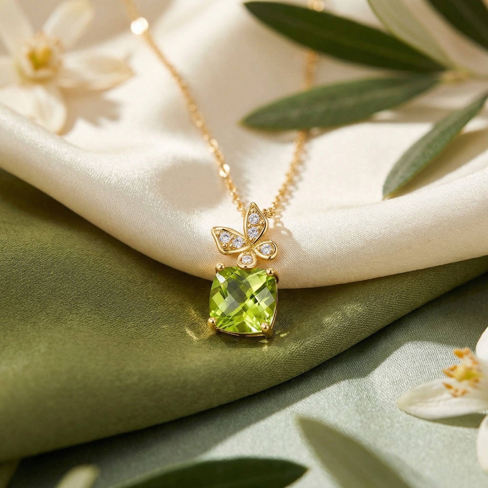 Macro view of the cushion cut natural peridot and gold butterfly accent on draped silk fabric.