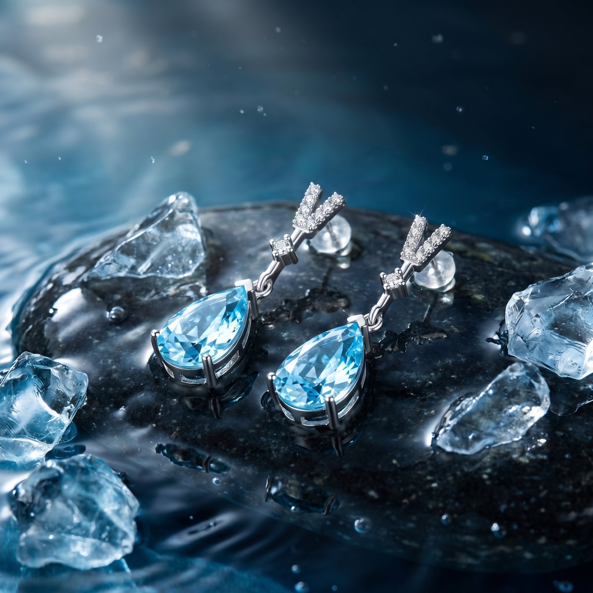 Platinum pear-cut aquamarine drop earrings resting on a dark stone surrounded by water droplets and ice.