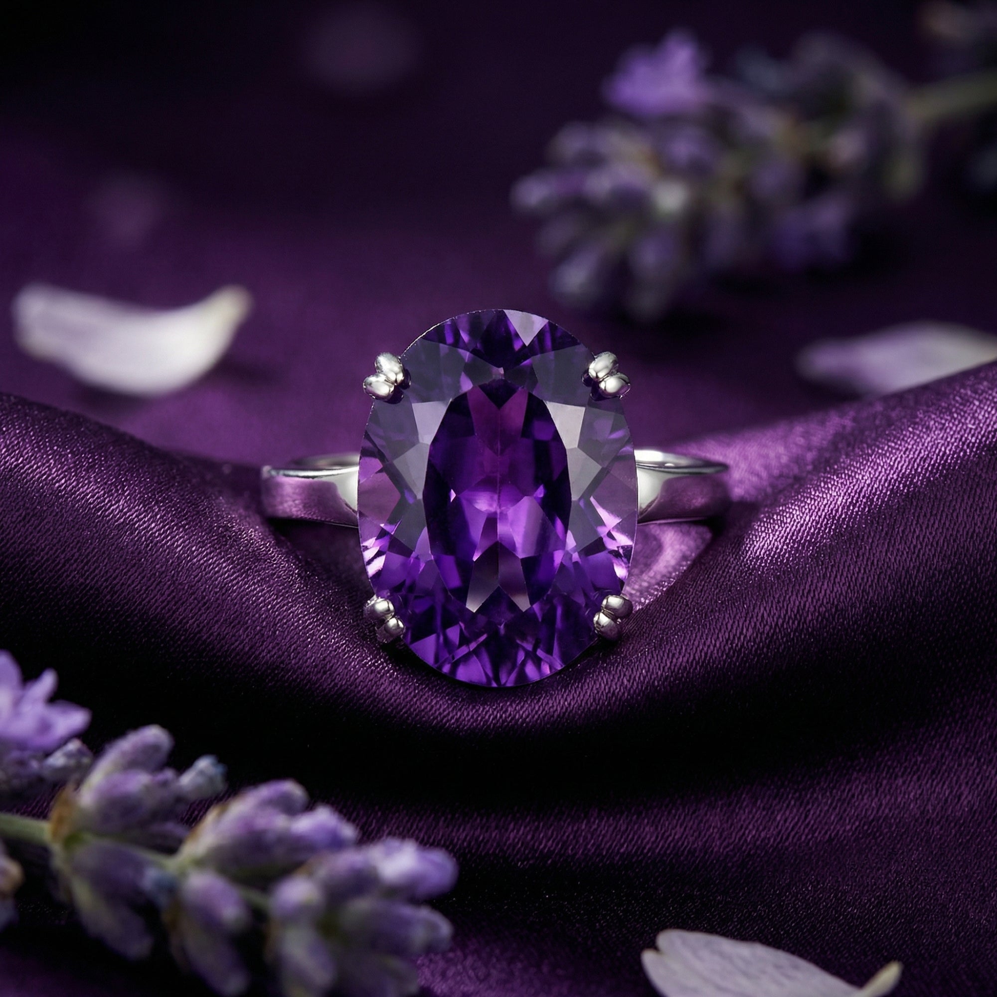 Macro shot of a large oval cut amethyst gemstone in a sterling silver four-prong statement ring setting.