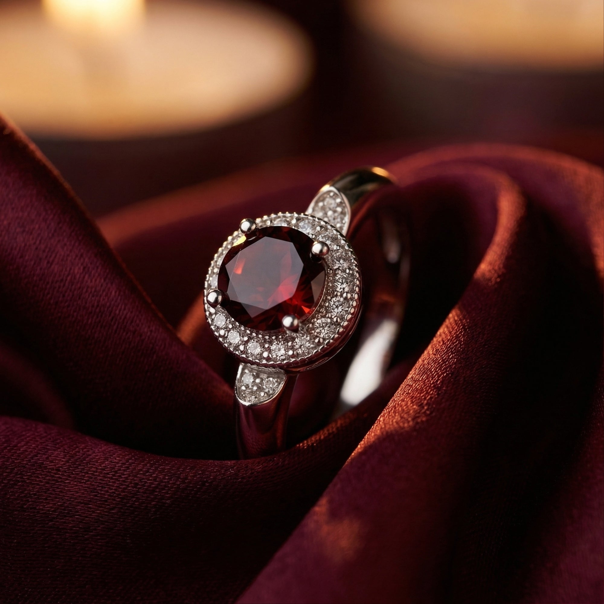Macro shot of the Alethea halo ring's 6mm round natural garnet and sterling silver pavé setting.