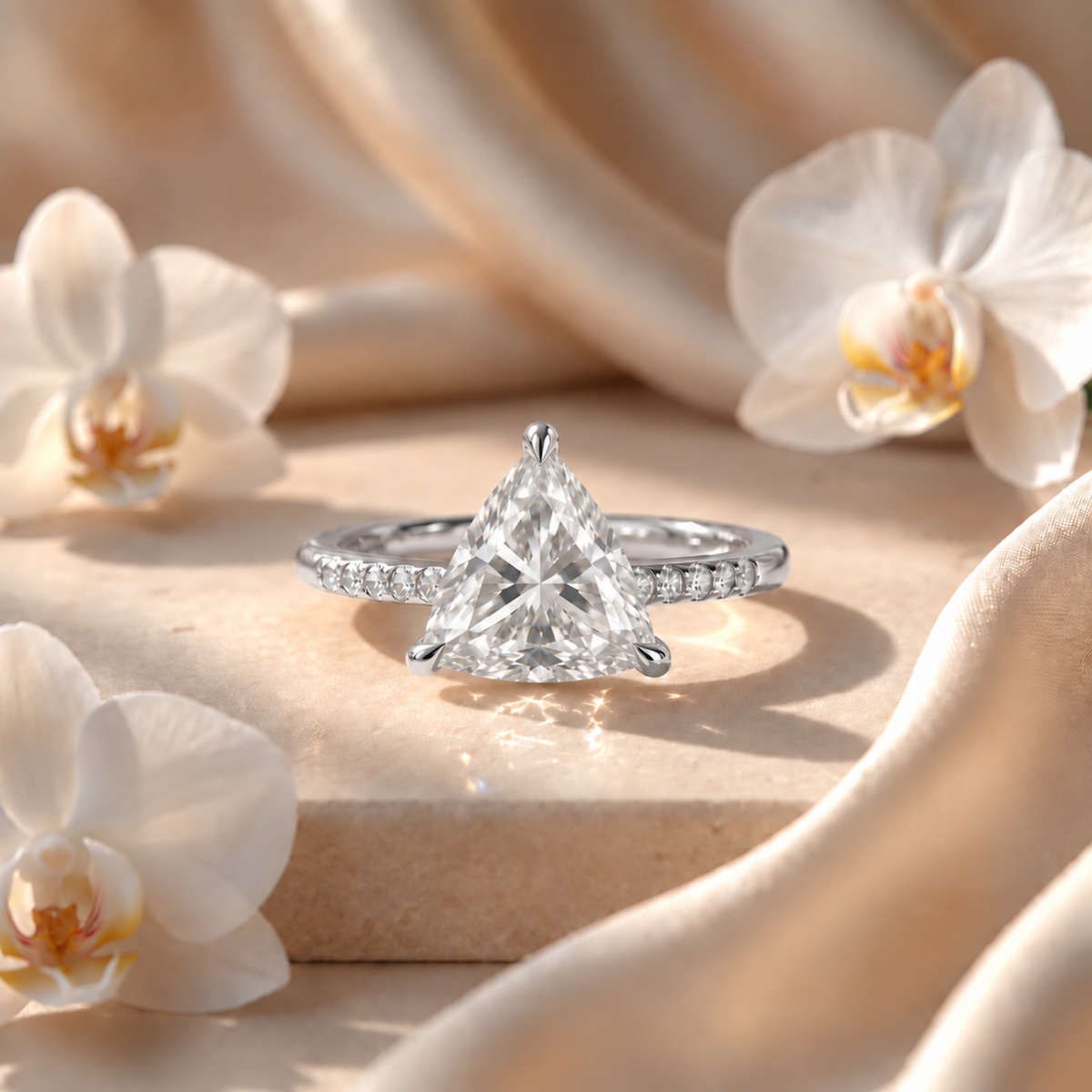 A white gold trillion-cut moissanite engagement ring with a pavé band set against silk fabric and orchids.