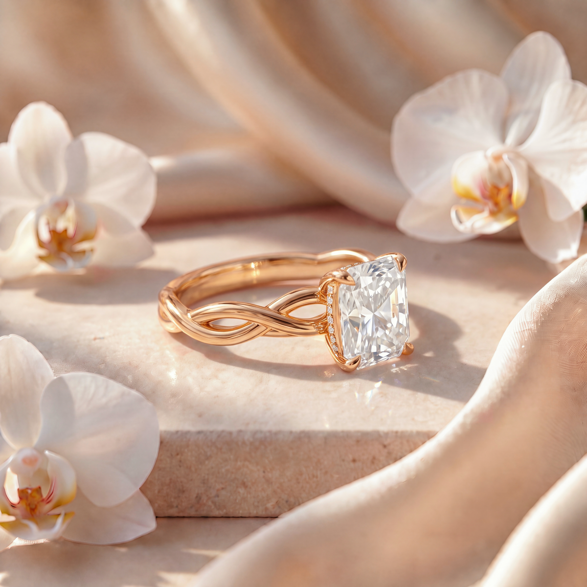 Side view of a radiant cut moissanite engagement ring in yellow gold with a twisted band.