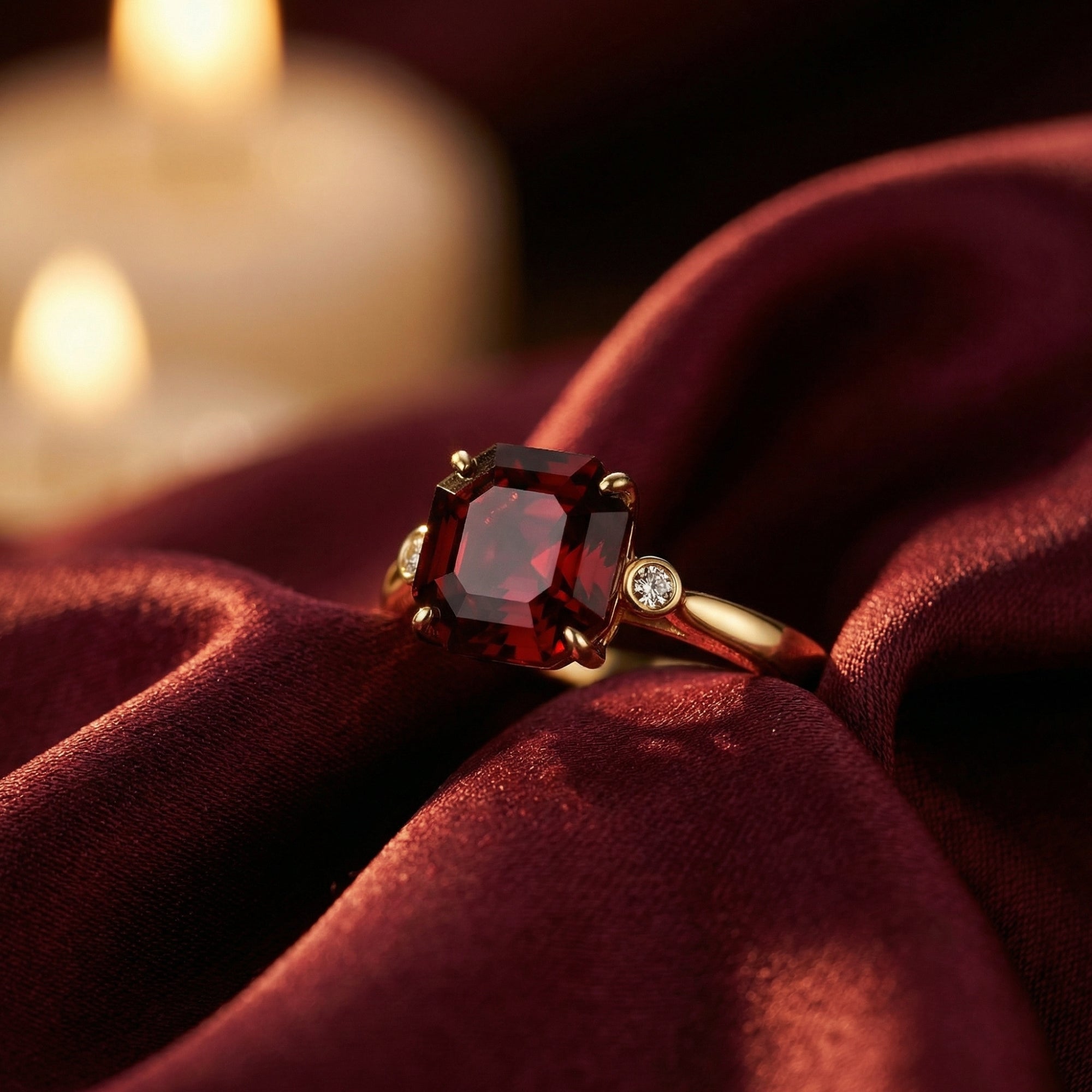 Angled lifestyle view of the 18K yellow gold octagon garnet ring with diamond accents on draped red silk.