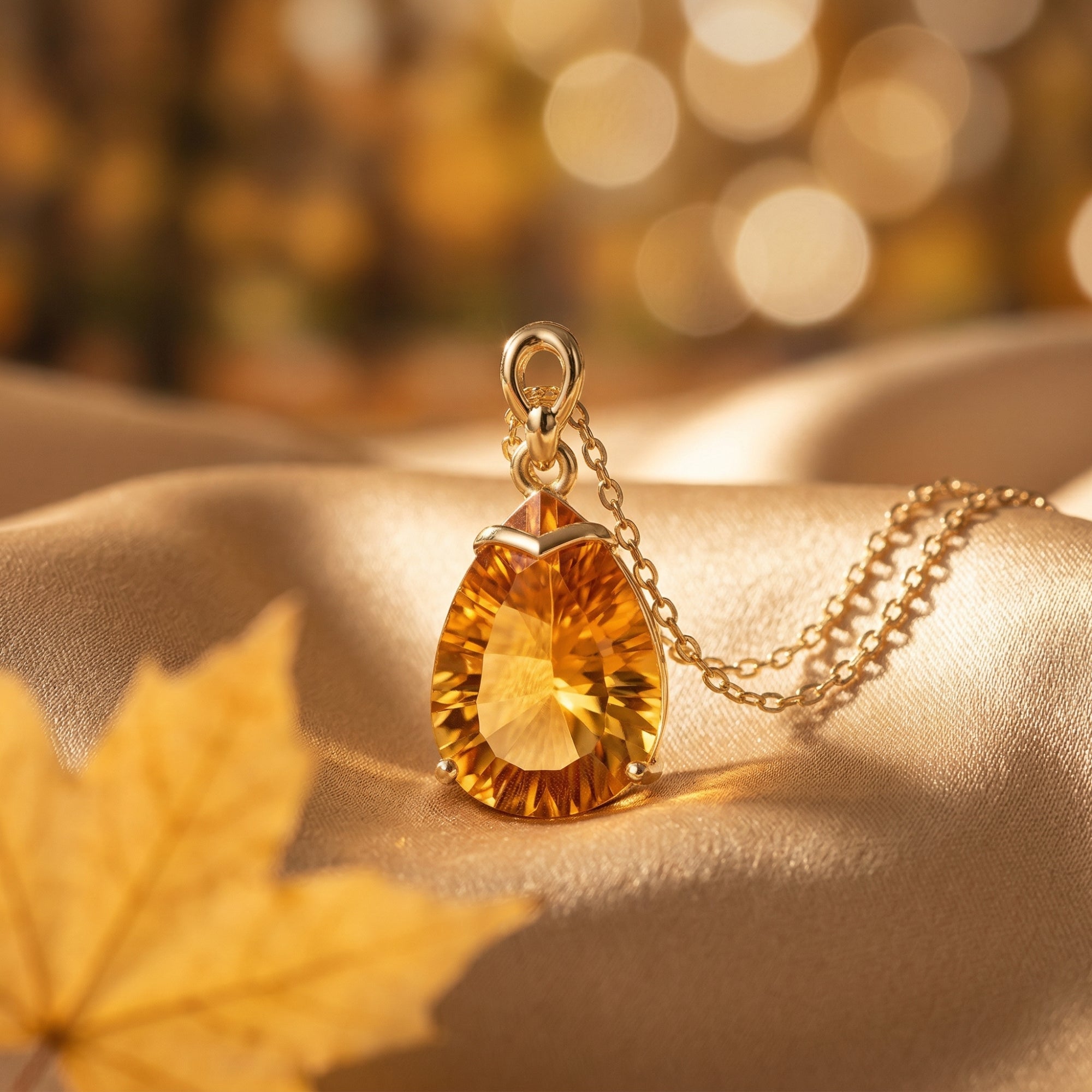 Close-up of a faceted pear-cut citrine pendant set in 18K yellow gold on a shimmering fabric background.