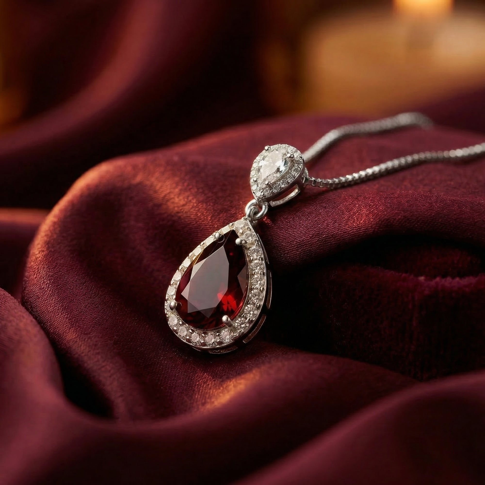 Macro detail of a pear cut burgundy garnet pendant with a silver halo setting on red fabric.
