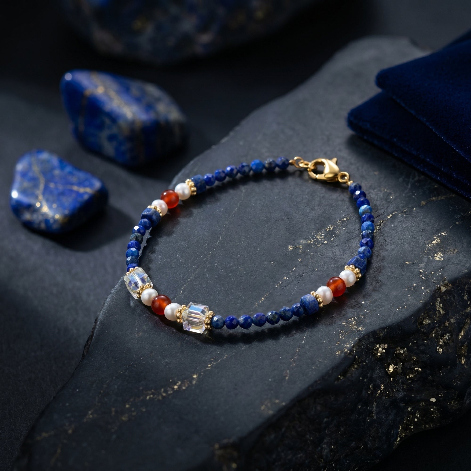 Lapis lazuli bead bracelet with 18K gold plated accents and pearls displayed on a dark textured stone.