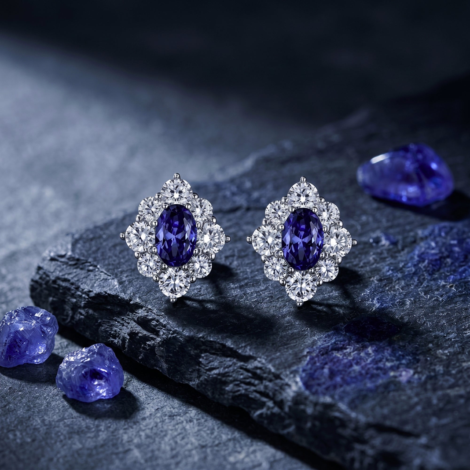 Pair of oval tanzanite drop earrings in white gold lying flat on a dark slate background.