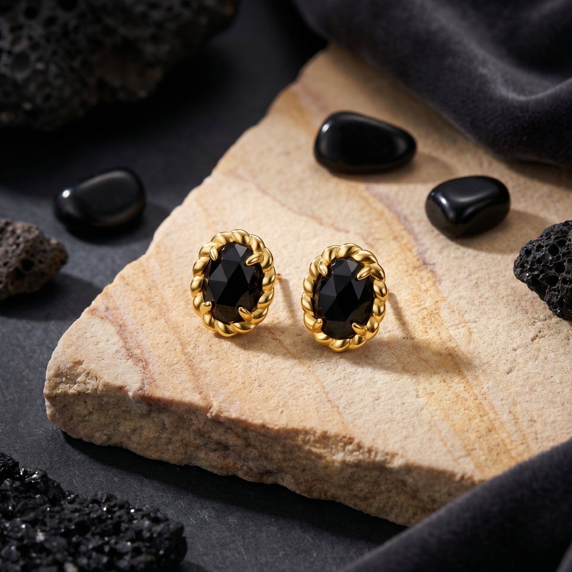 Macro view of faceted oval onyx stones set in 18K yellow gold plated twisted rope frames.
