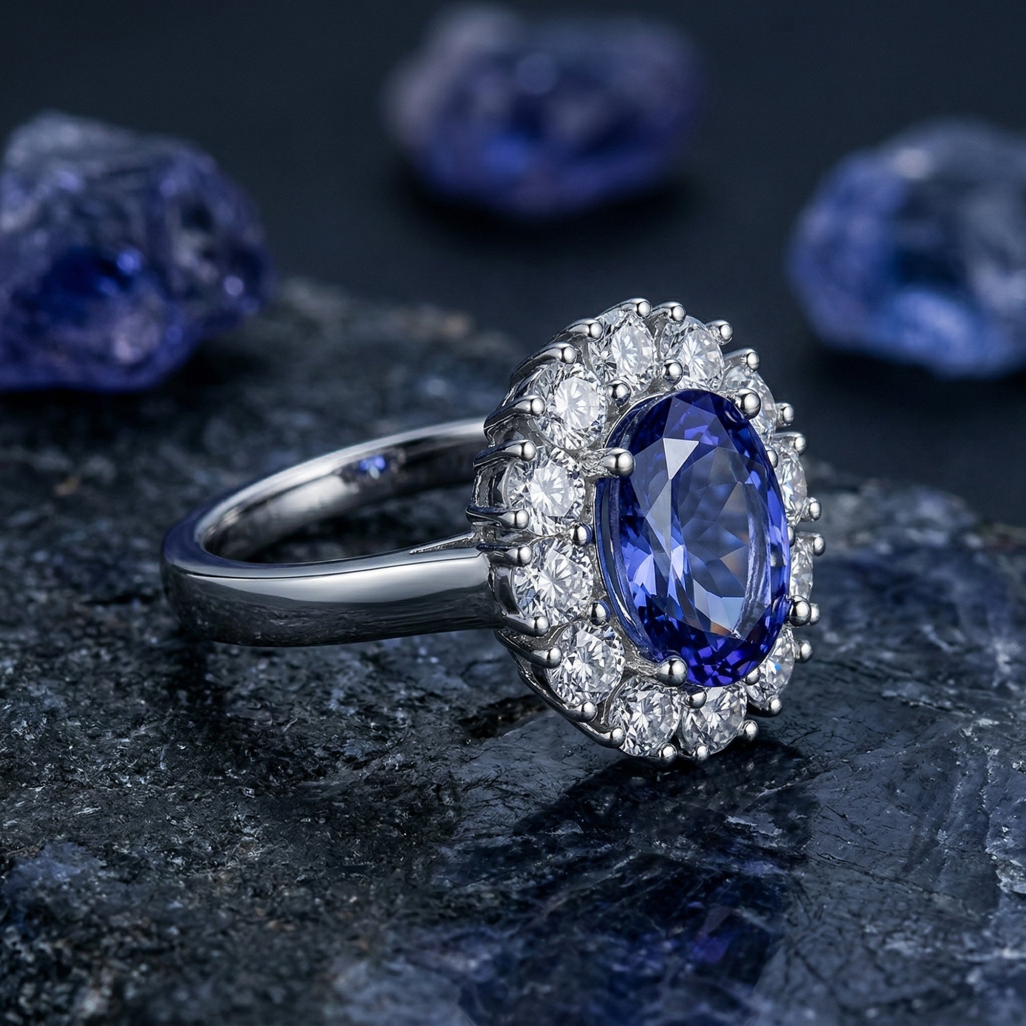 Angled side view of the oval natural tanzanite halo ring in sterling silver on dark mineral stones.