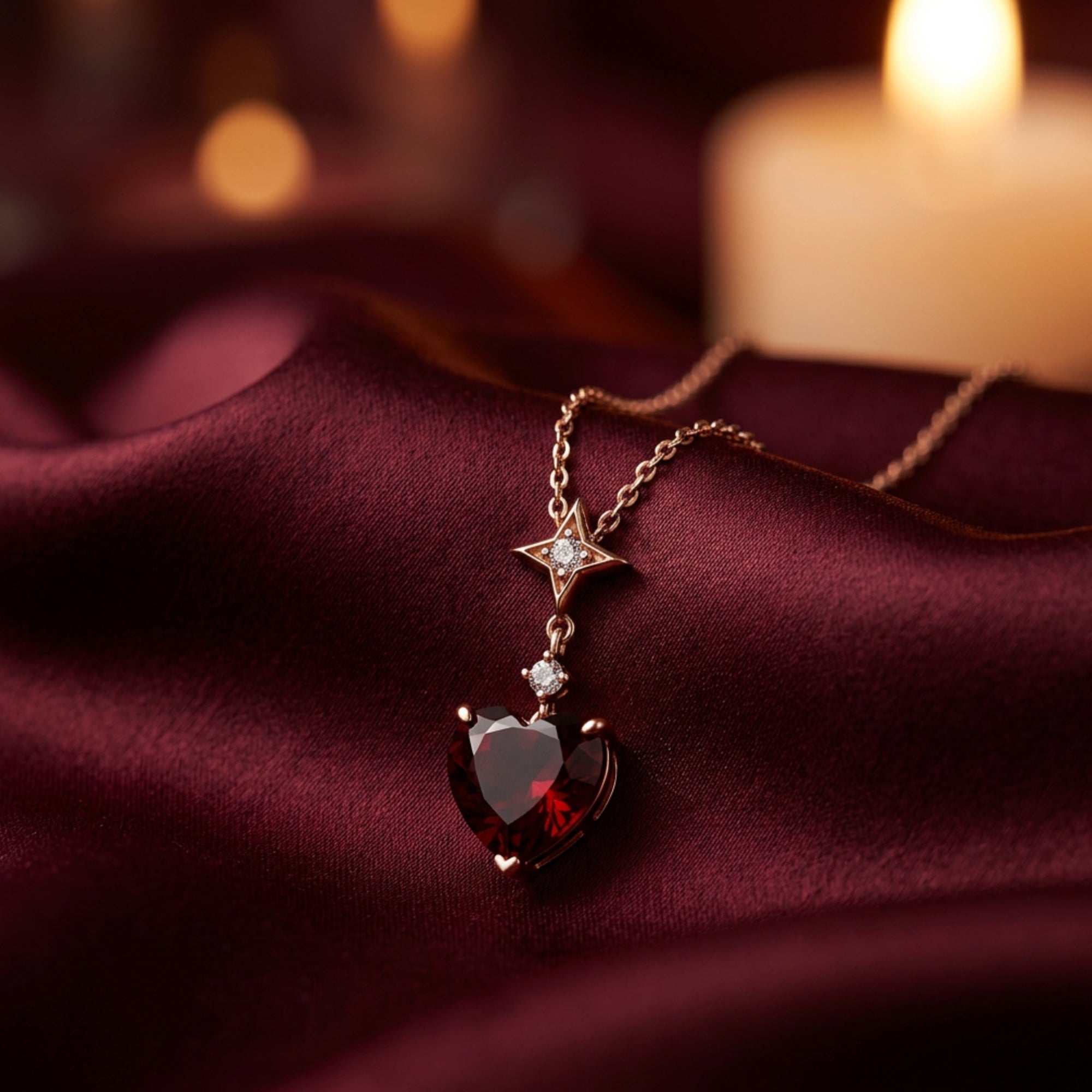 Detailed view of the heart-cut red garnet necklace in 18K rose gold on a draped red fabric background.