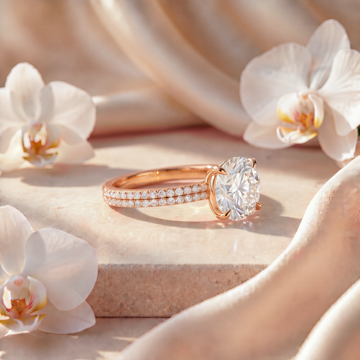 Side perspective view of a yellow gold round moissanite engagement ring with double pavé band on a stone slab.