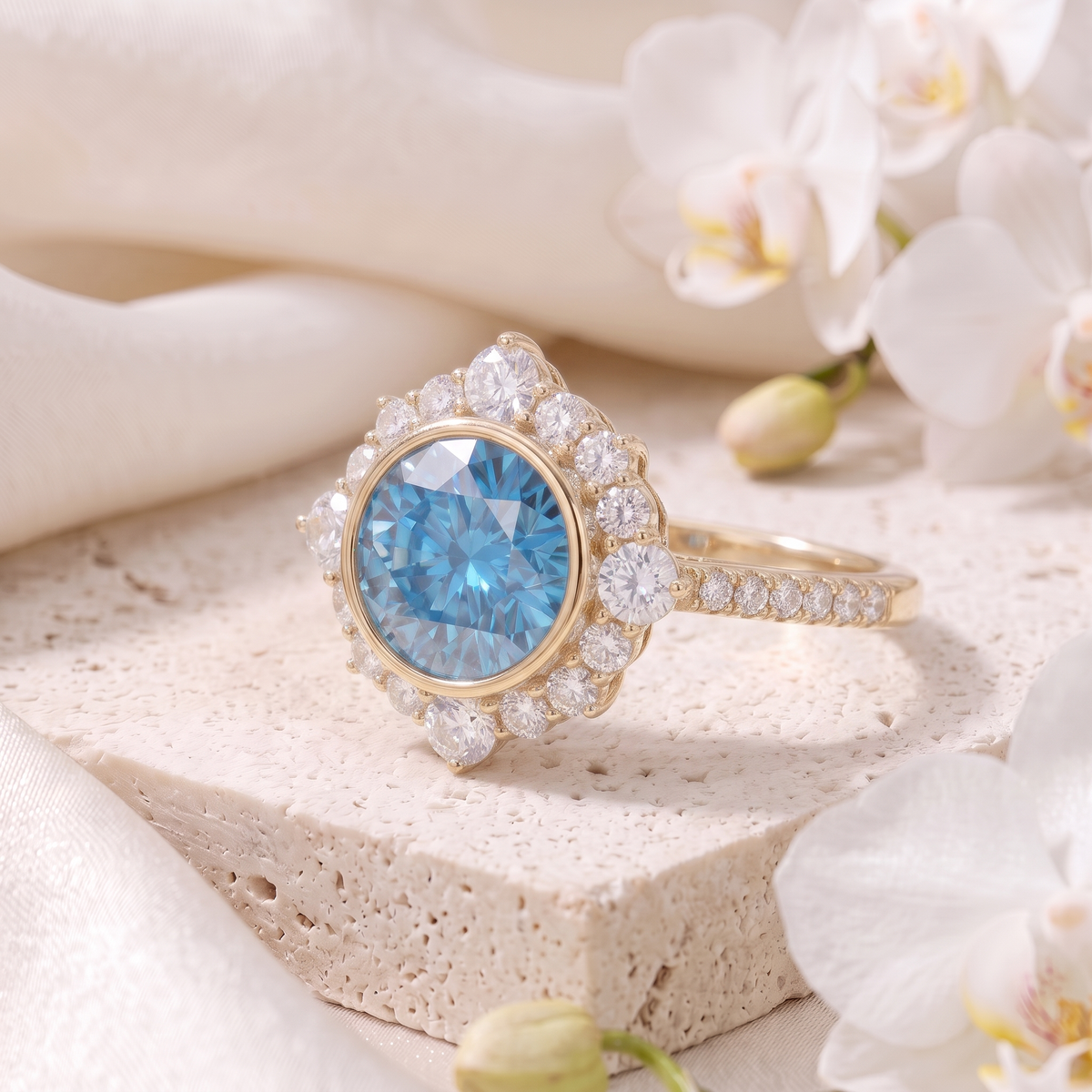 Angled side view of a round blue moissanite halo engagement ring in yellow gold.